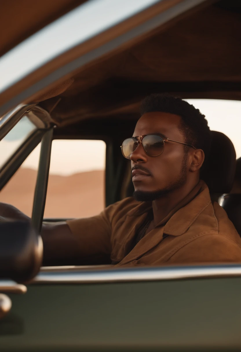 a man with glasses driving a vehicle in the desert, um retrato de personagem, Directed by: Michael Komarck, afrofuturismo, Gambino Infantil, head shoot, Humvee, thick neck, anorld render, Duas Caras, Afro-americano, hiper realista absurdo, Mestiza, Guerra nas Estrelas, desenhos animados realistas, Foto RAW, 8k UHD, DSLR, soft lighting, alta qualidade, filmic grain, Fujifilm XT3, (pele altamente detalhada:1.2)