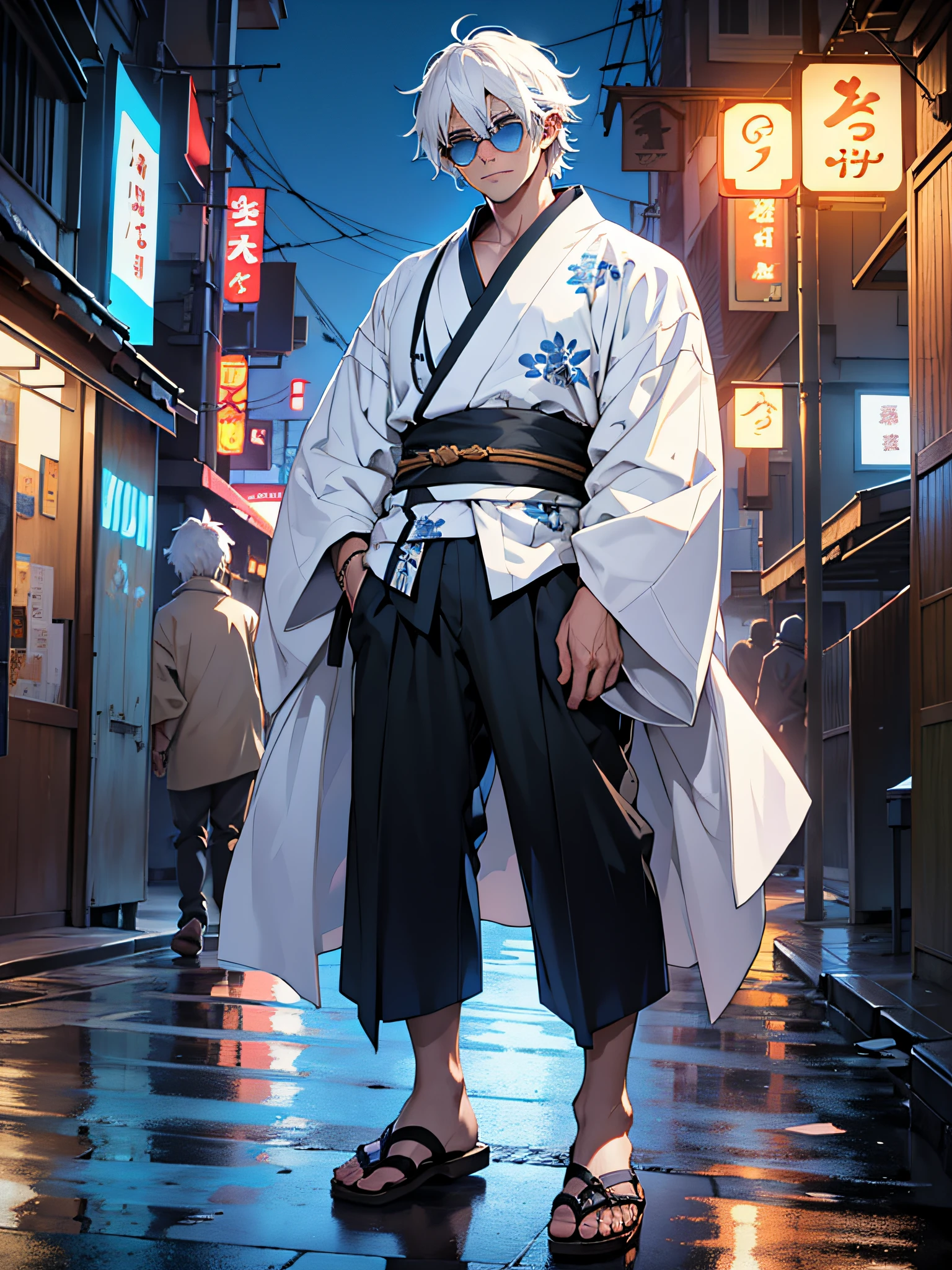 1boy, young, messy white hair, bright blue eyes, bored expression, wearing white Kimono, wearing wooden sandals, wearing sunglasses, night time city, high res, ultrasharp, 8k, masterpiece, looking at viewer,