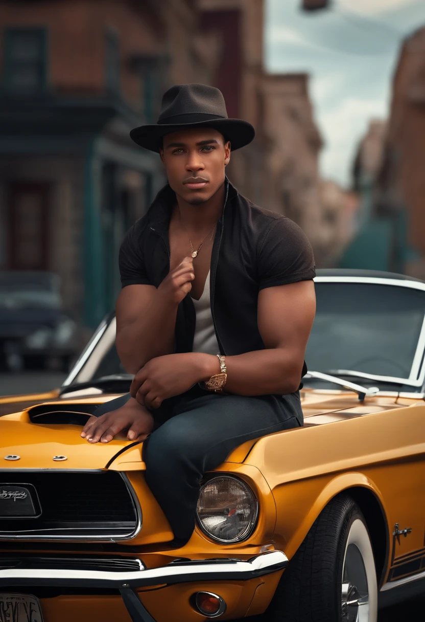 leaning on a Mustang car, looking ahead, black cap, gangster shirt Disney movie style