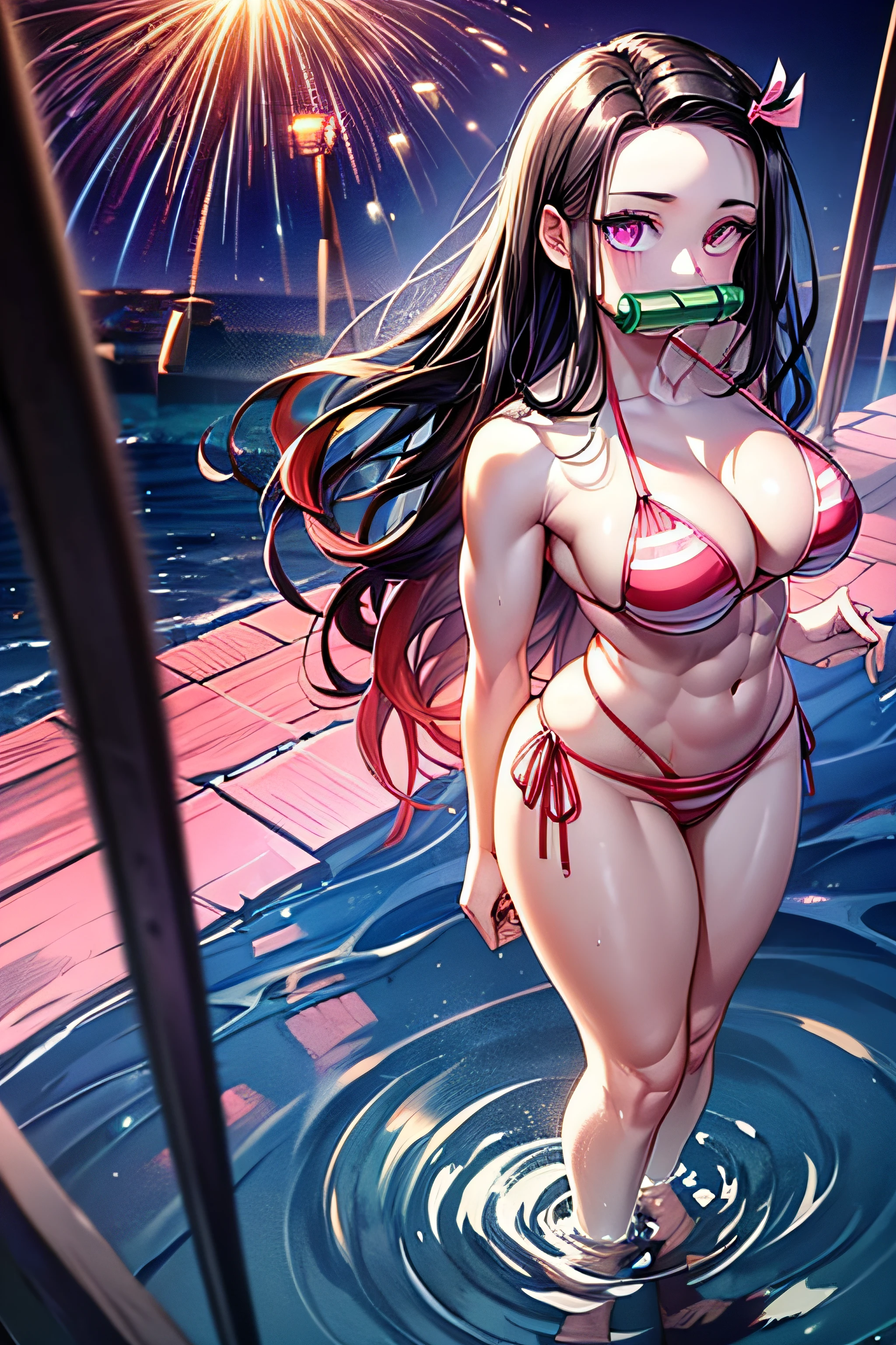 ((1 adult girl)), adult body, seductive face, good lighting, fine details, bright eyes, (pale pink eye color), black hair, purple gag eyes, bamboo, (((Nezuko Kamado))), scene beach, hot sun, water reflection, full body, wide hips, medium breasts, (((wearing a very short bikini))), muscular thighs, muscular belly, standing, barefoot, light pink, wavy hair, full body photo , black hair, long hair, high details, anime, anime style, cinematic lighting, jpeg artifacts, bright light, divine rays, ray tracing, drop shadow, panorama, Sony FE, UHD, masterpiece, precision, super detail, high quality, high resolution, 16k