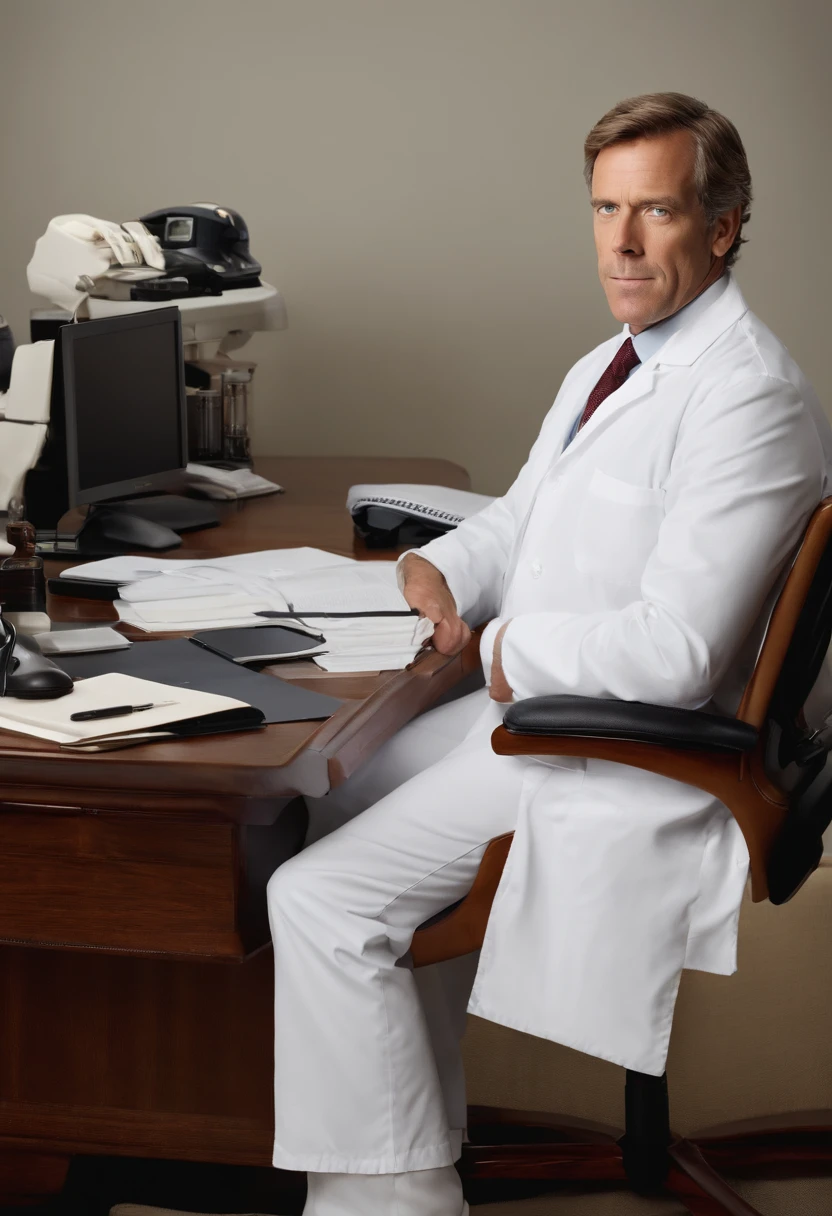 Homem de terno branco e gravata sentado em uma mesa, foto de um homem, sitting at desk, wearing a medical suit, foto corporativa, homem bonito, retrato profissional hd, wearing white doctors suit, sentado em uma mesa, uma foto de um homem, bonito e atraente, foto de perfil profissional, homem atraente, sitting behind desk,Still image of dr series. House , O Doutor, Hugh Laurie 
INFO