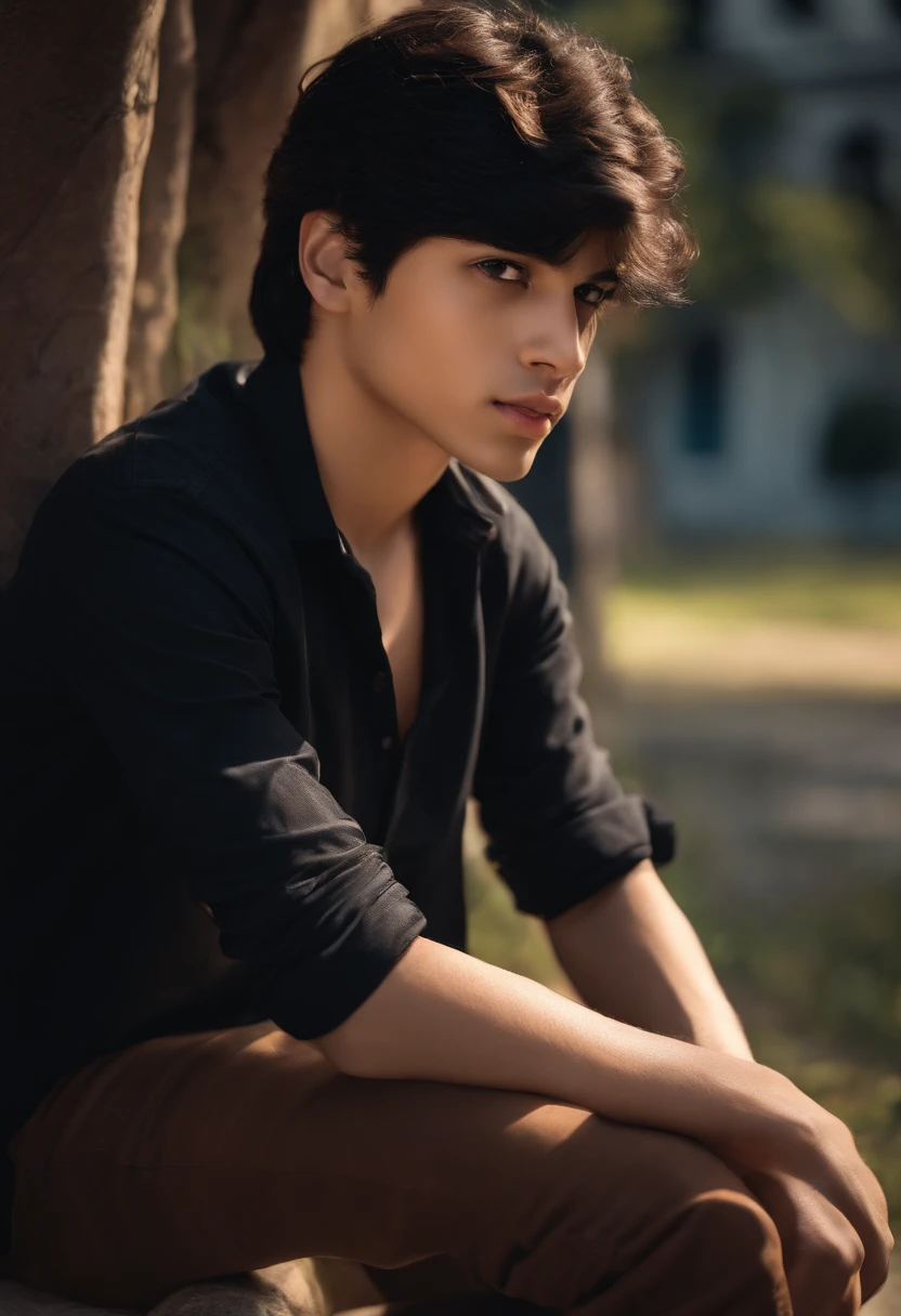 Black-haired boy in a black shirt and brown-eyed jeans