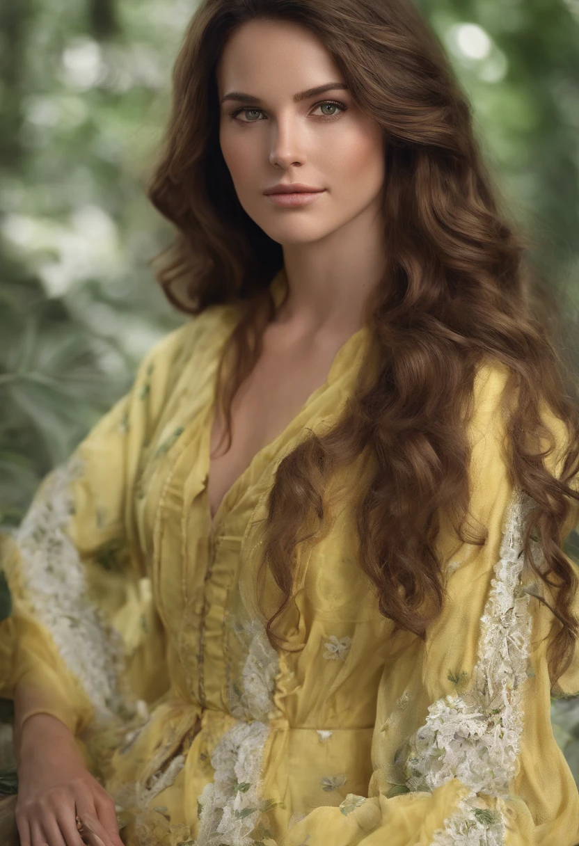 Female, long hair, brown hair, brown-green eyes, 37 in age, wavy hair, white skin, wearing a yellow dress, realistic, roundish face