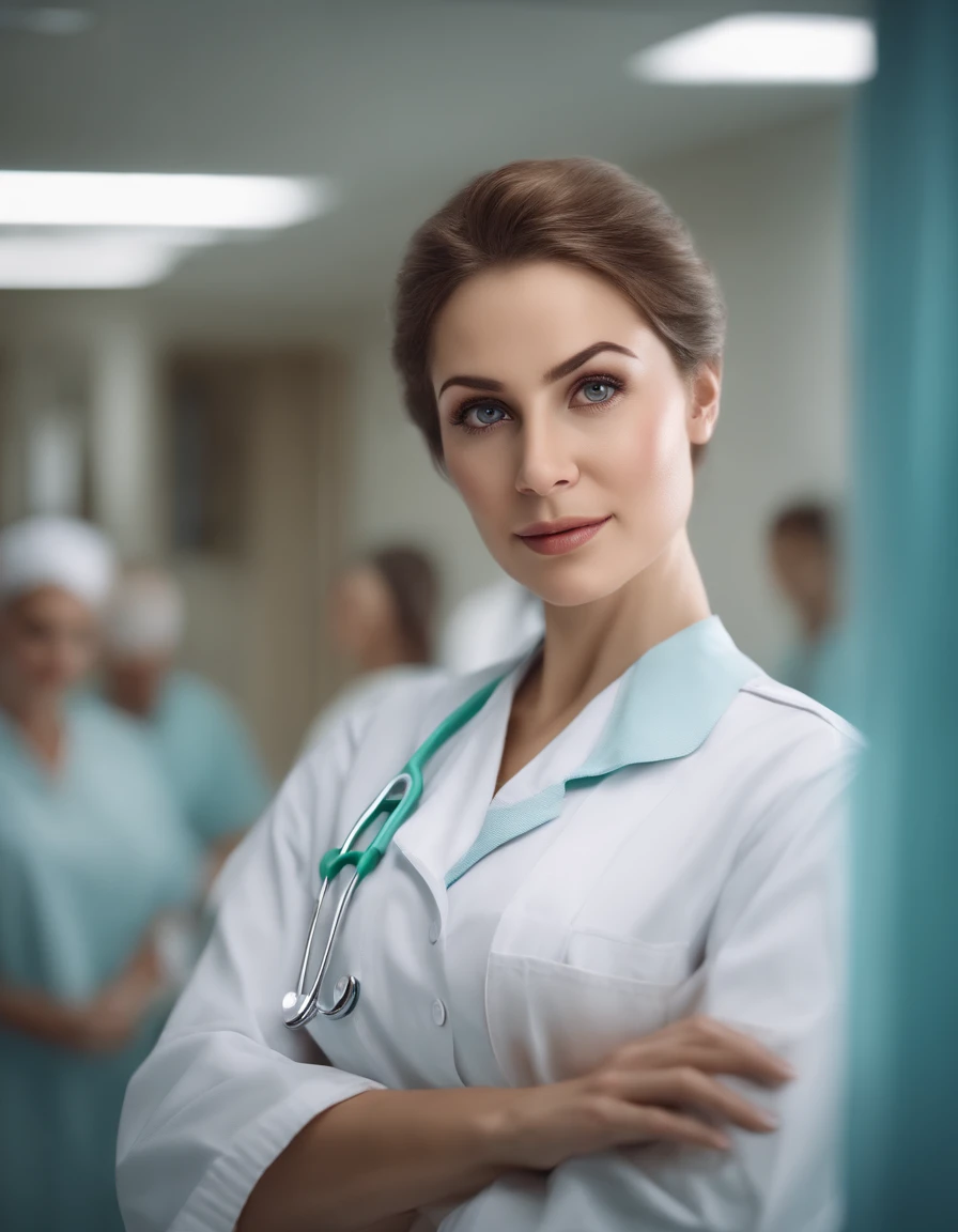 Cinematic portrait, ((medium close-up)), facing the audience, (Reality :1.4), a woman looking into the camera, female nurse, nurse costume, detailed beautiful face, action shot, hospital background, daytime, photo realistic, CG, art station, masterpiece, HD photography