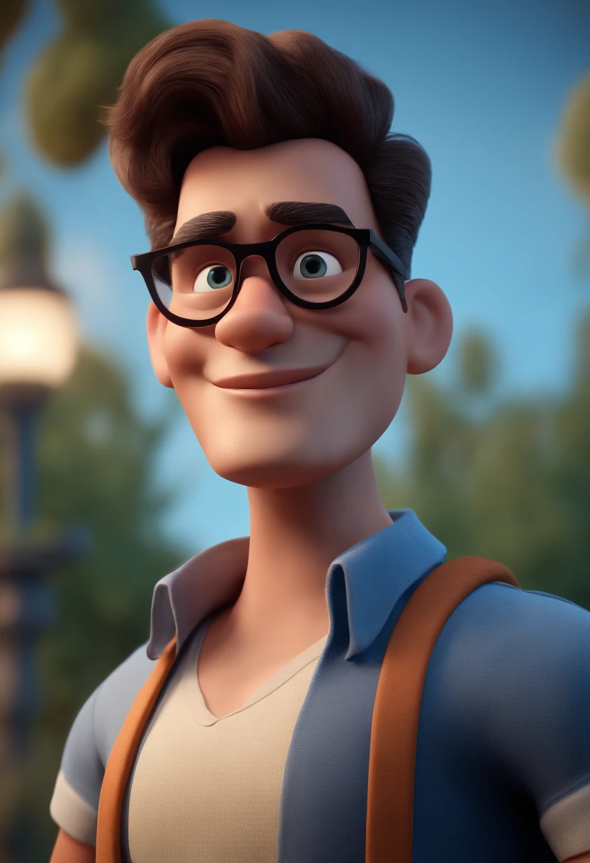 Cartoon character of a man with black glasses and a blue shirt, animation character, Caractere estilizado, animation style rendering, 3D estilizado, Arnold Maya render, 3 d render stylized, toon render keyshot, Personagem 3D, Personagem 3D, 3d rendering stylized, 3 d character render, personagem de desenho animado, Personagem de close up, Pose de personagem, (Estilo Pixar) (master part:1.2) (Bokeh) (best quality) (pele detalhada) (textura detalhada) (8k) (argila) (Cinematic lighting) (foco nítido