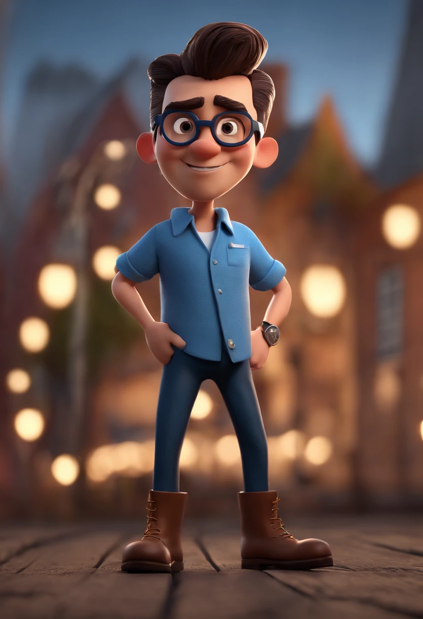 Cartoon character of a man with black glasses and a blue shirt, animation character, Caractere estilizado, animation style rendering, 3D estilizado, Arnold Maya render, 3 d render stylized, toon render keyshot, Personagem 3D, Personagem 3D, 3d rendering stylized, 3 d character render, personagem de desenho animado, Personagem de close up, Pose de personagem, (Estilo Pixar) (master part:1.2) (Bokeh) (best quality) (pele detalhada) (textura detalhada) (8k) (argila) (Cinematic lighting) (foco nítido