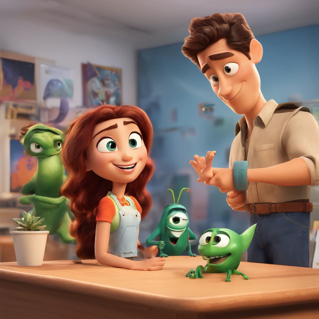 Crie um cartaz inspirado na Disney Pixar, com a personagem sendo uma jovem com cabelo marrom e longo, In an office with the characters from Inside Out on the table