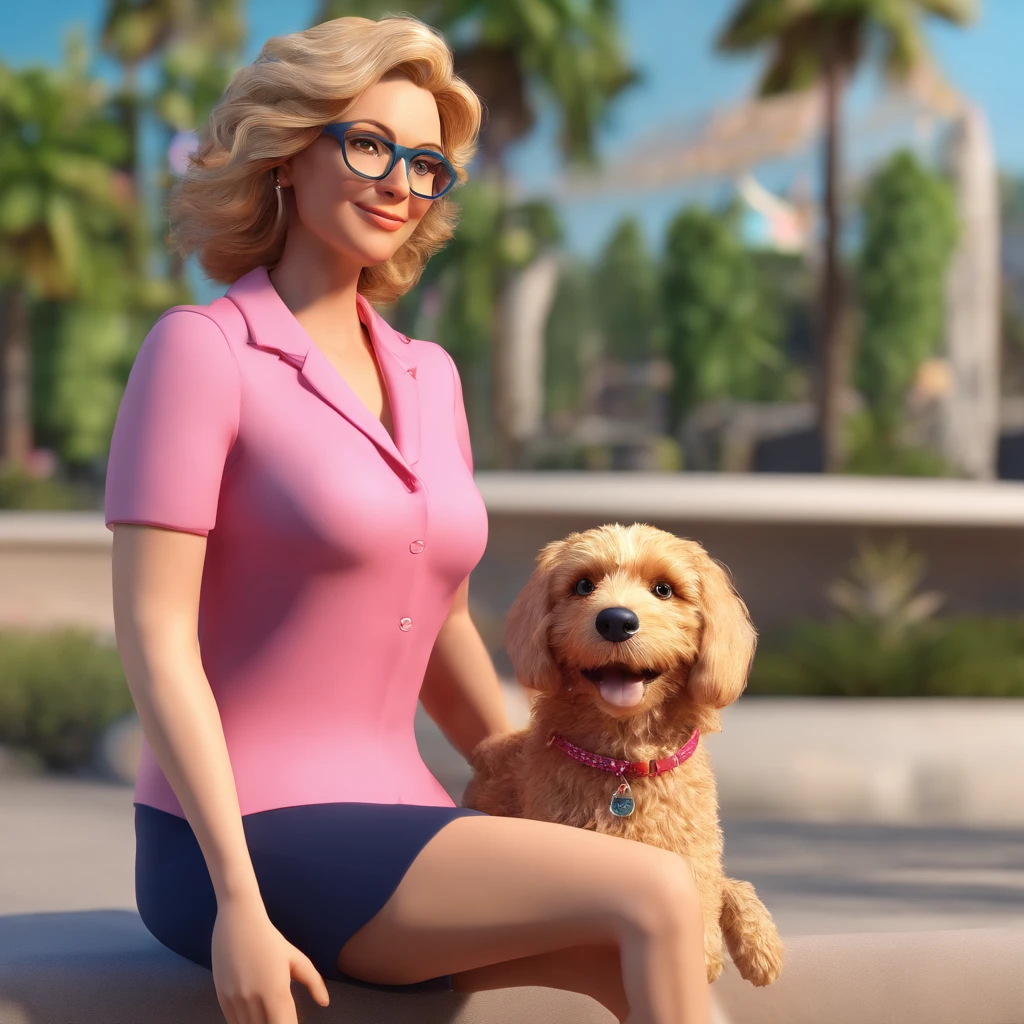 45 year old woman with medium blonde hair, curly and wearing pink shorts and navy blue blouse, green eyes and red glasses with small brown dog