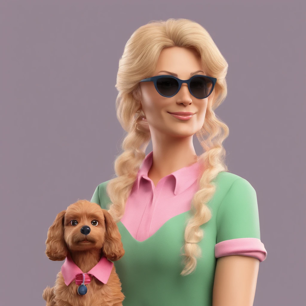 45 year old woman with medium blonde hair, curly and wearing pink shorts and navy blue blouse, green eyes and red glasses with small brown dog
