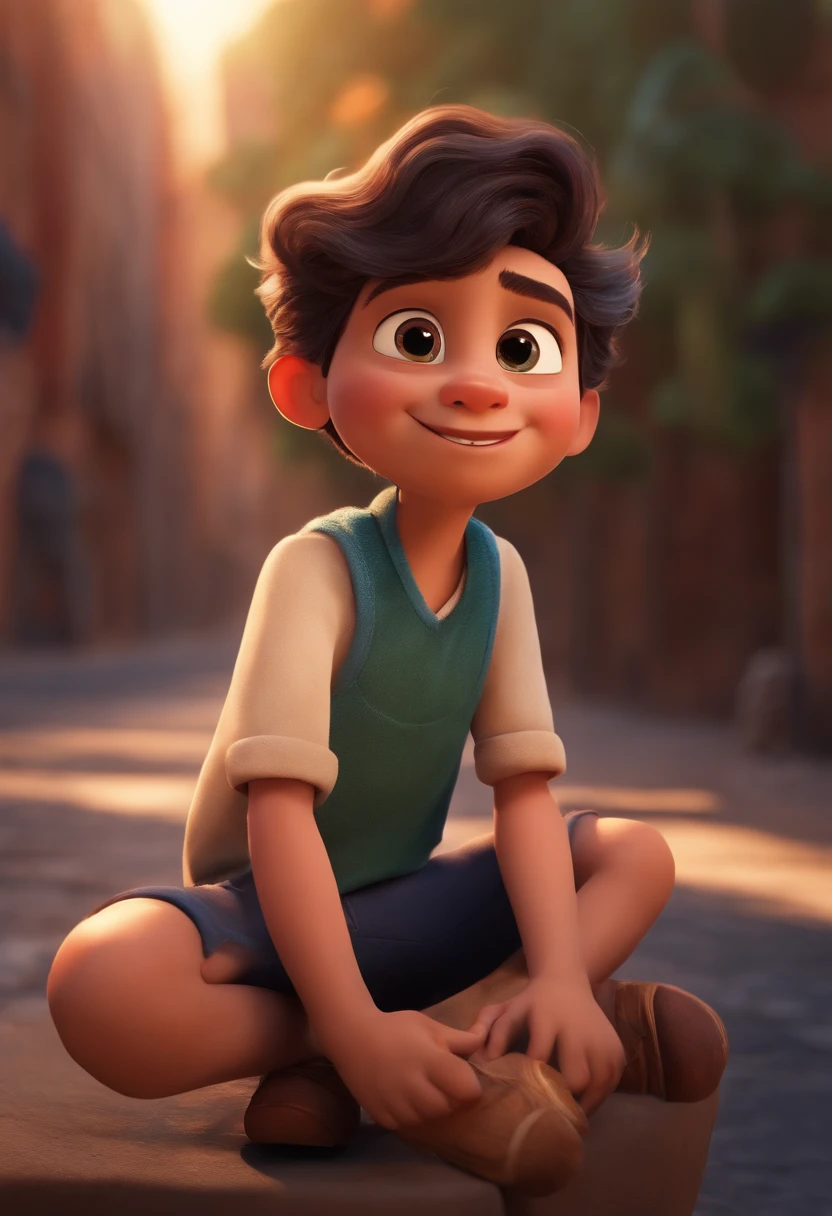 Image of a boy for a story in a YouTube video in Pixar format, He's the little allabester, He's the class leader, He's outgoing, Playful and gets up for a lot of things, cabelo curto