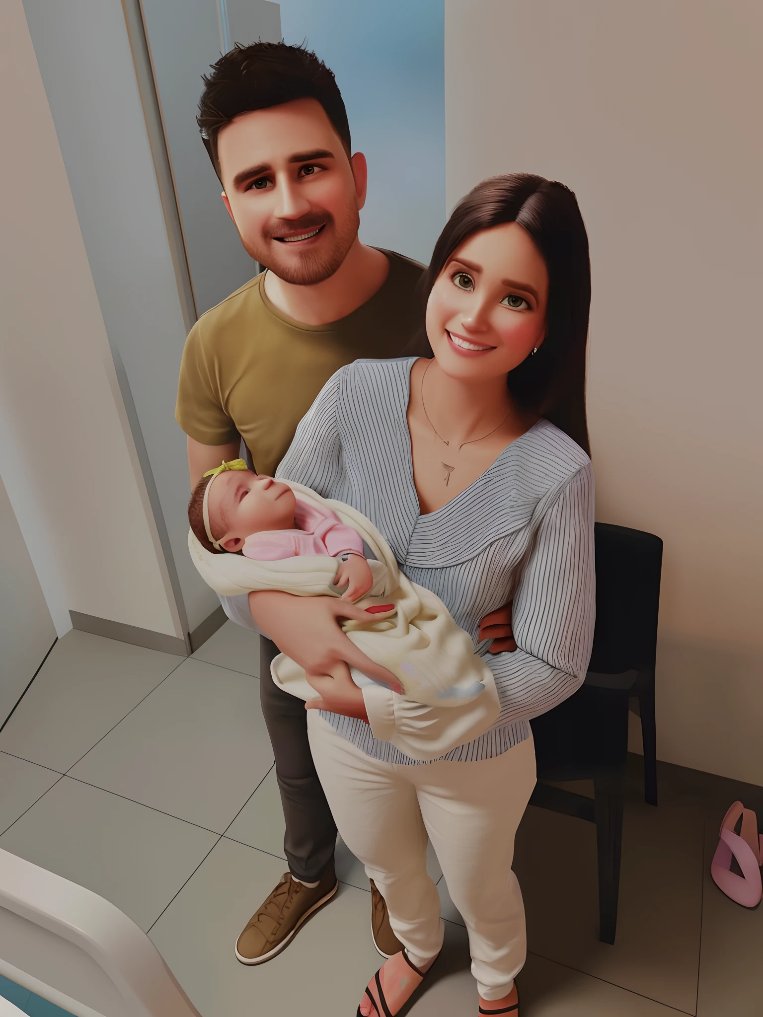 Pixarstyle A Portrait of a Couple Holding a Newborn Child, sorriso, textura natural da pele, texturas 4k, hdr, intrincado, altamente detalhado, foco nítido, cinematic visual, hiperdetalhado