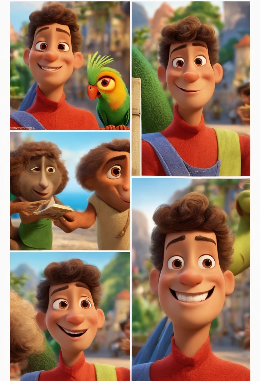 Jovem, cabelo cacheado curto, barbar grande, looked at postcards of Rio de Janeiro taking pictures. in Pixar animation, de perto. The character takes center stage with captivating facial expressions, oferecendo um toque de irrealidade.