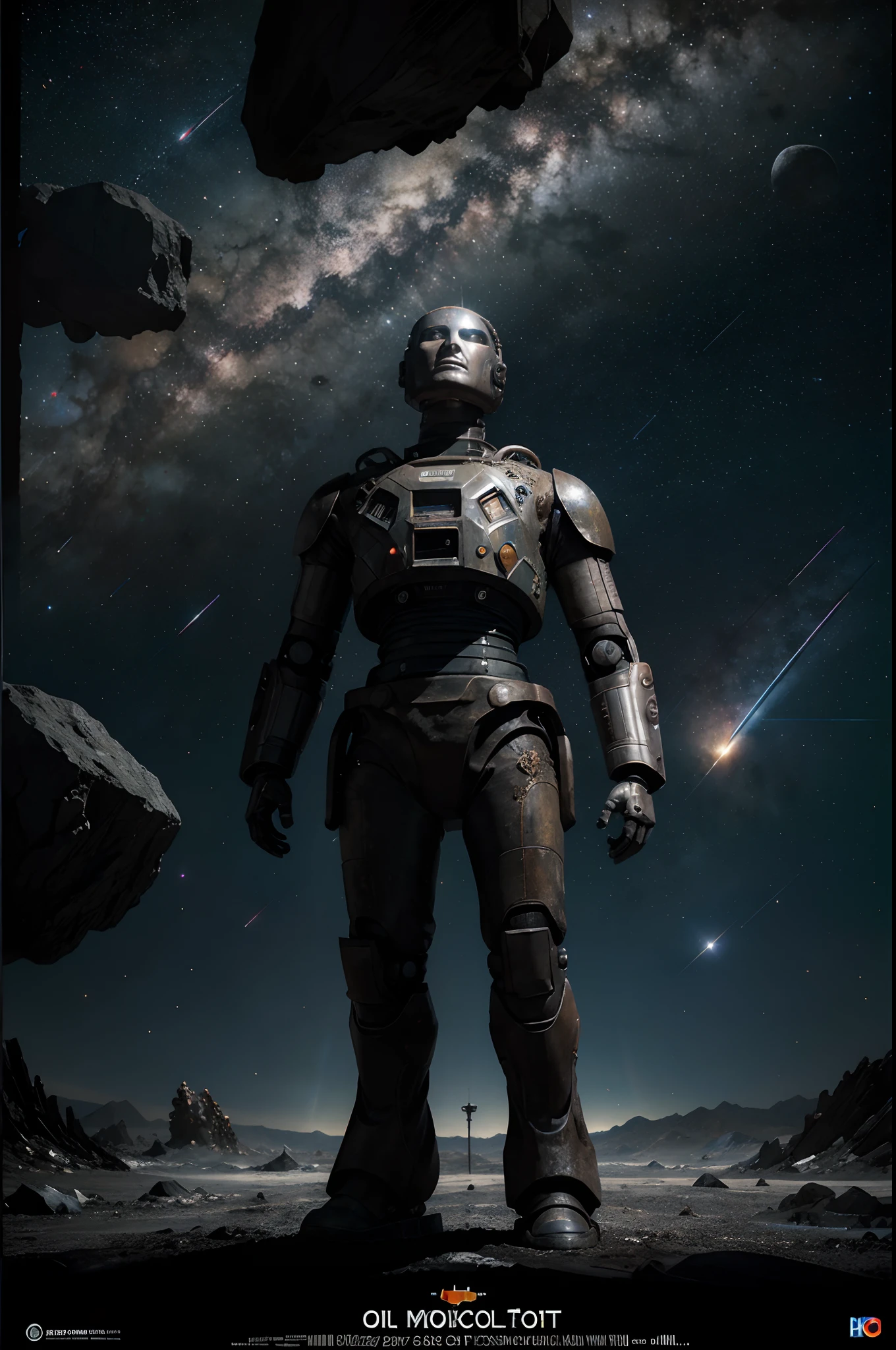 Highly Technological Robot Looking Up Standing On An Asteroid In The Middle Of Galaxies , nebulosas e planetas, intrincado, estrelas, Worn and rusty metal robot, Textura realista, obra prima, cinemactic, realistic oil painting, imagem tipo poster