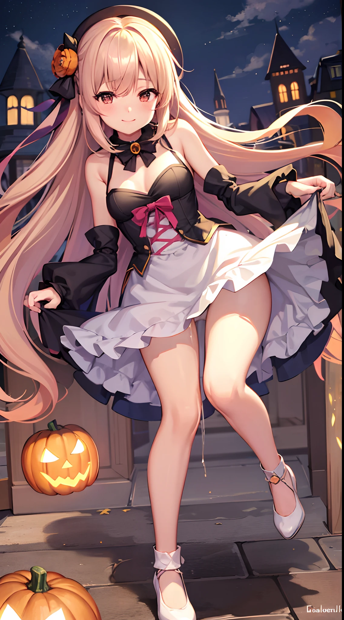 ((Best Quality)), [masutepiece], (Beautiful:0.8), (Cute Girl:1.0), [Clear and clean], (Illustration), 1girl in, (blush:1.1), Smile, hair between eye, Halloween Costume, Halloween cityscape, White panties, Pull up your skirt, Halloween, pumpkins, autumn night