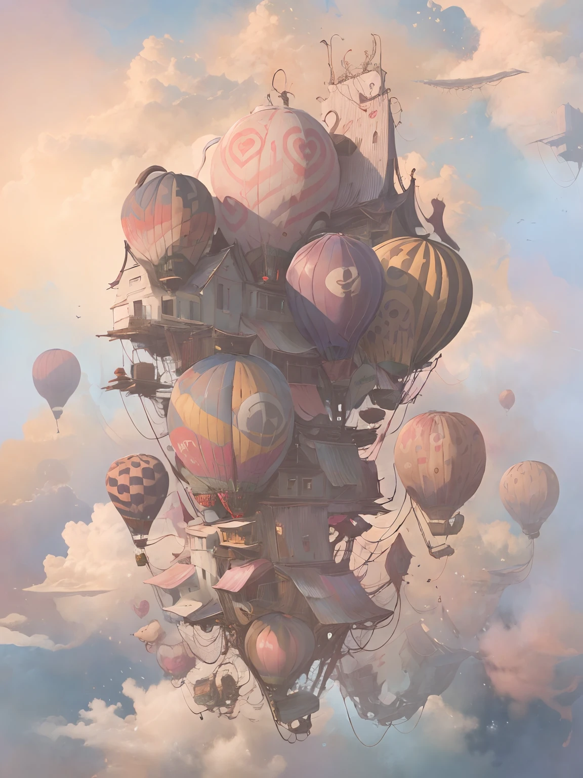 There is a pink hot air balloon，There are many balloons floating in the sky, as an air balloon, Cute detailed digital art, A beautiful artwork illustration, dreamlike illustration, fluffy pink anime clouds, trending on artstation pixiv, cute detailed artwork, made of cotton candy, flying cloud castle, adorable digital art, Beautiful digital artwork, trending on cgstation