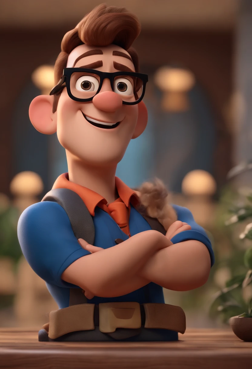 Cartoon character of a man wearing black glasses and a blue shirt, um personagem animado, Caractere estilizado, animation style rendering, 3D estilizado, Arnold Maya render, 3 d render stylized, toon render keyshot, Personagem 3D, Personagem 3D, 3d rendering stylized, 3 d character render, personagem de desenho animado, Personagem de close up, Pose de personagem, (Estilo Pixar) (master part:1.2) (Bokeh) (best quality) (pele detalhada) (textura detalhada) (8k) (argila) (Cinematic lighting) (foco nítido,Senta e vaza a parte superior do corpo