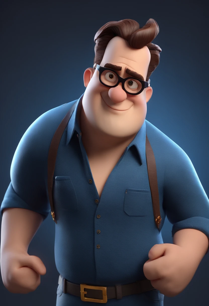 Cartoon character of a man wearing black glasses and a blue shirt, um personagem animado, Caractere estilizado, animation style rendering, 3D estilizado, Arnold Maya render, 3 d render stylized, toon render keyshot, Personagem 3D, Personagem 3D, 3d rendering stylized, 3 d character render, personagem de desenho animado, Personagem de close up, Pose de personagem, (Estilo Pixar) (master part:1.2) (Bokeh) (best quality) (pele detalhada) (textura detalhada) (8k) (argila) (Cinematic lighting) (foco nítido,Senta e vaza a parte superior do corpo