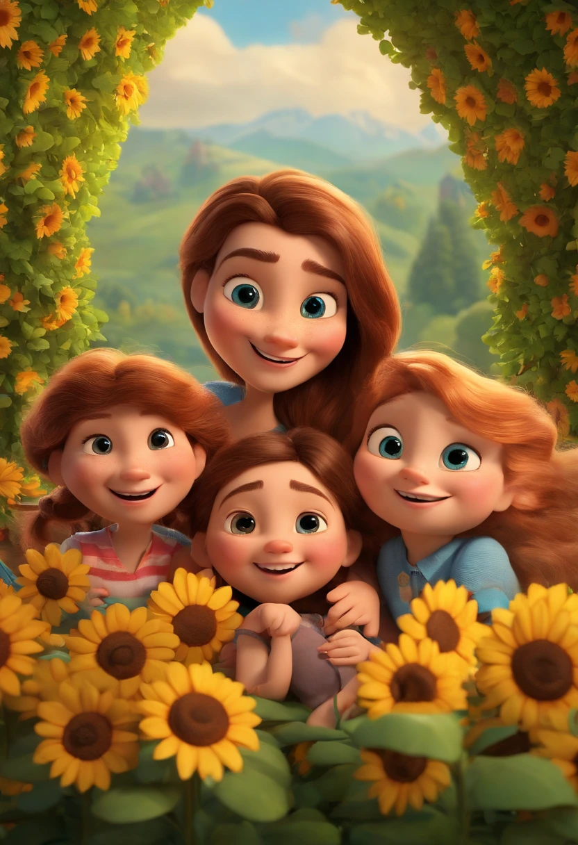 Create a Disney PIXAR-style 3D poster. ((centro da imagem, 1 homem alto de bigode e uma mulher baixa com cabelos vermelhos, (4 children)) ((2 menino no meio e 2 meninas ao lado, They're hugging each other, O menino tem pele castanha e cabelos castanhos escuros e olhos castanhos escuros, 1 menina tem pele clara, olhos e cabelos escuros e cacheados, e a outra menina tem pele morena, olhos escuros e cabelos escuros e lisos)) ((tudo isso no estilo Disney PIXAR 3D, In the background, A house of sunflowers, Gloria Studio, The garden is full of nature 3D render RTX clay material, estilo de design cartunesco, POP Mart, soft lighting, linhas suaves, Spring tilt, Detailed illustrations of PIXAR 3D, Detalhes hiper-realistas, cor quente no estilo Disney PIXAR 3D))