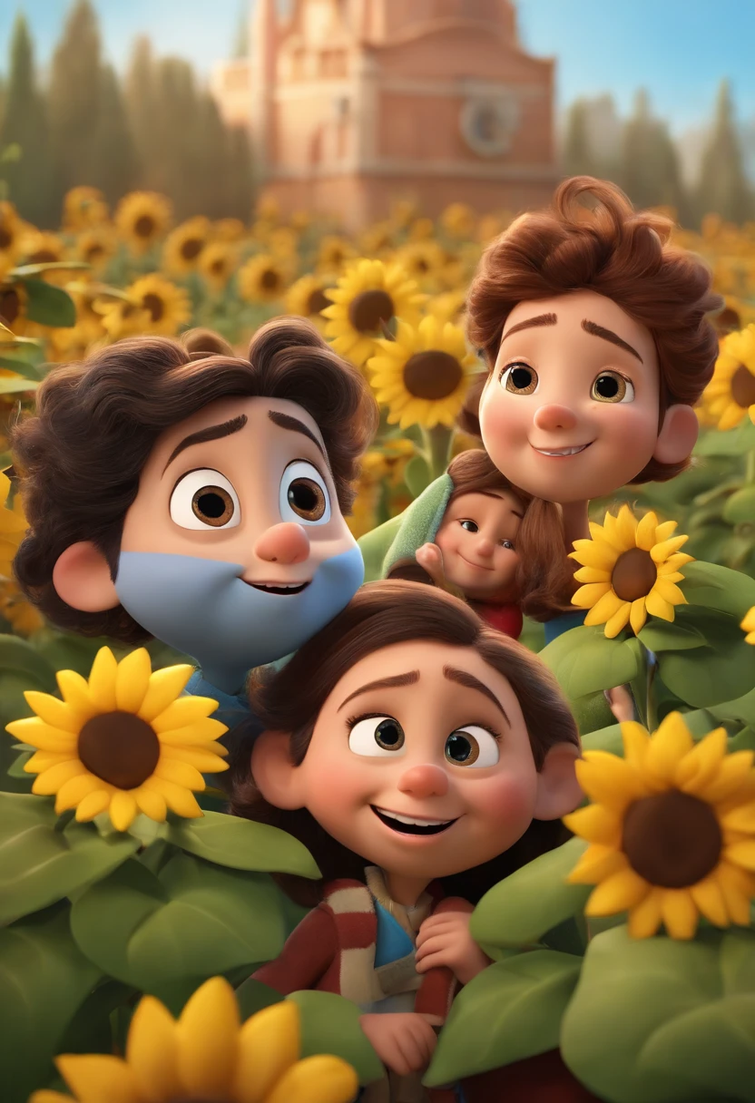 Create a Disney PIXAR-style 3D poster. ((centro da imagem, 1 homem alto de bigode e uma mulher baixa com cabelos vermelhos, (4 children)) ((2  no meio e 2 meninaado, They're hugging each other, O menino tem pstanha e cabelos castanhos escuros e olhos castanhos escuros, 1 menina tem pele cllhos e cabelos escuros e cacheados, e a outra menina tem pele morena, escuros e cabelos escuros e lisos)) ((tudo isso no estilo Disney PIXAR 3D, In the background, A house of sunflowers, Gloria Studio, The garden is full of nature 3D render RTX clay material, estilo de design cartunesco, POP Mart, soft lighting, linhas suaves, Spring tilt, Detailed illustrations of PIXAR 3D, Detalhes hiper-realistas, cor quente no estilo Disney PIXAR 3D))