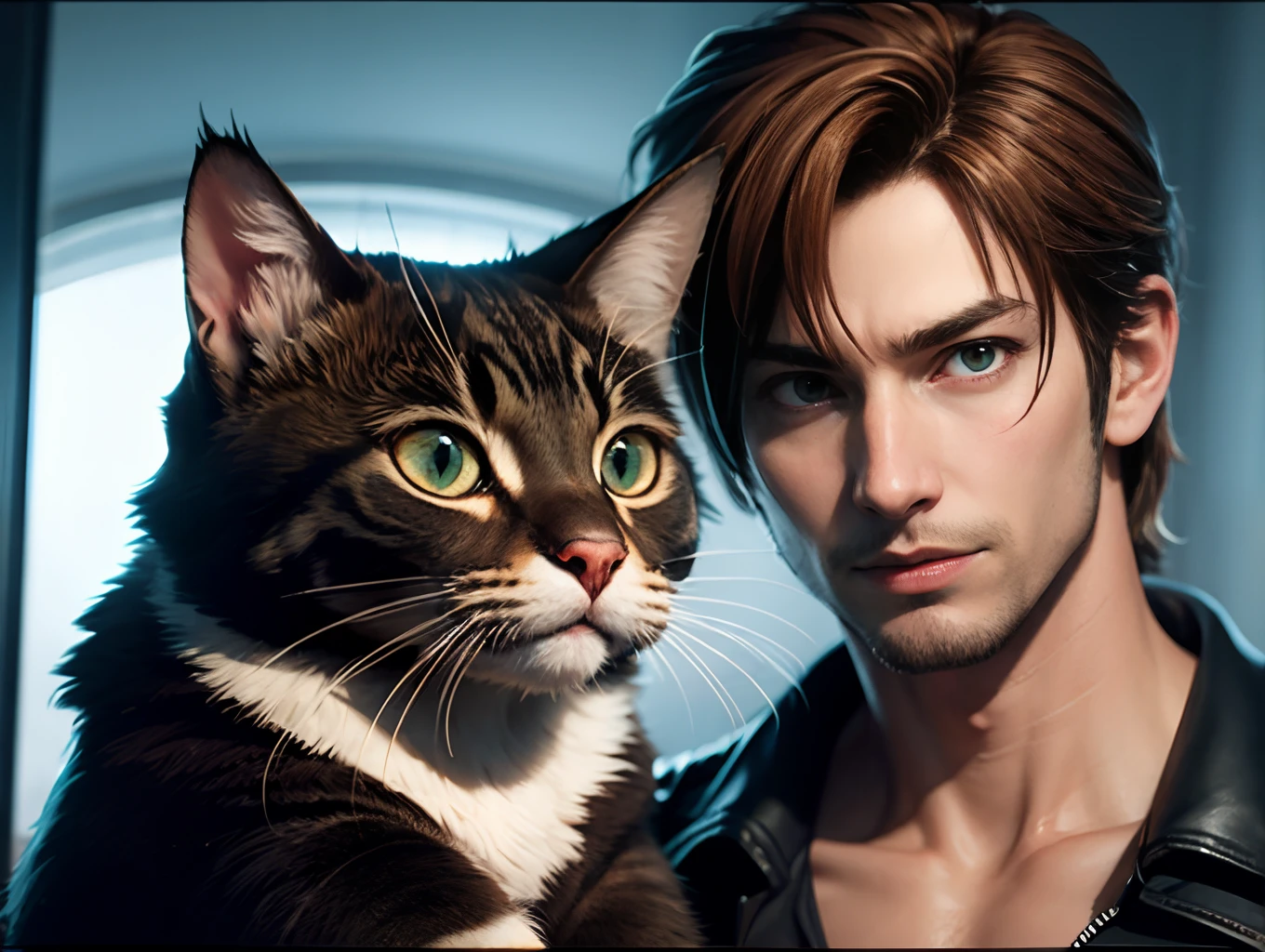 Leon kennedy from resident evil holding a cat with fish eye lense