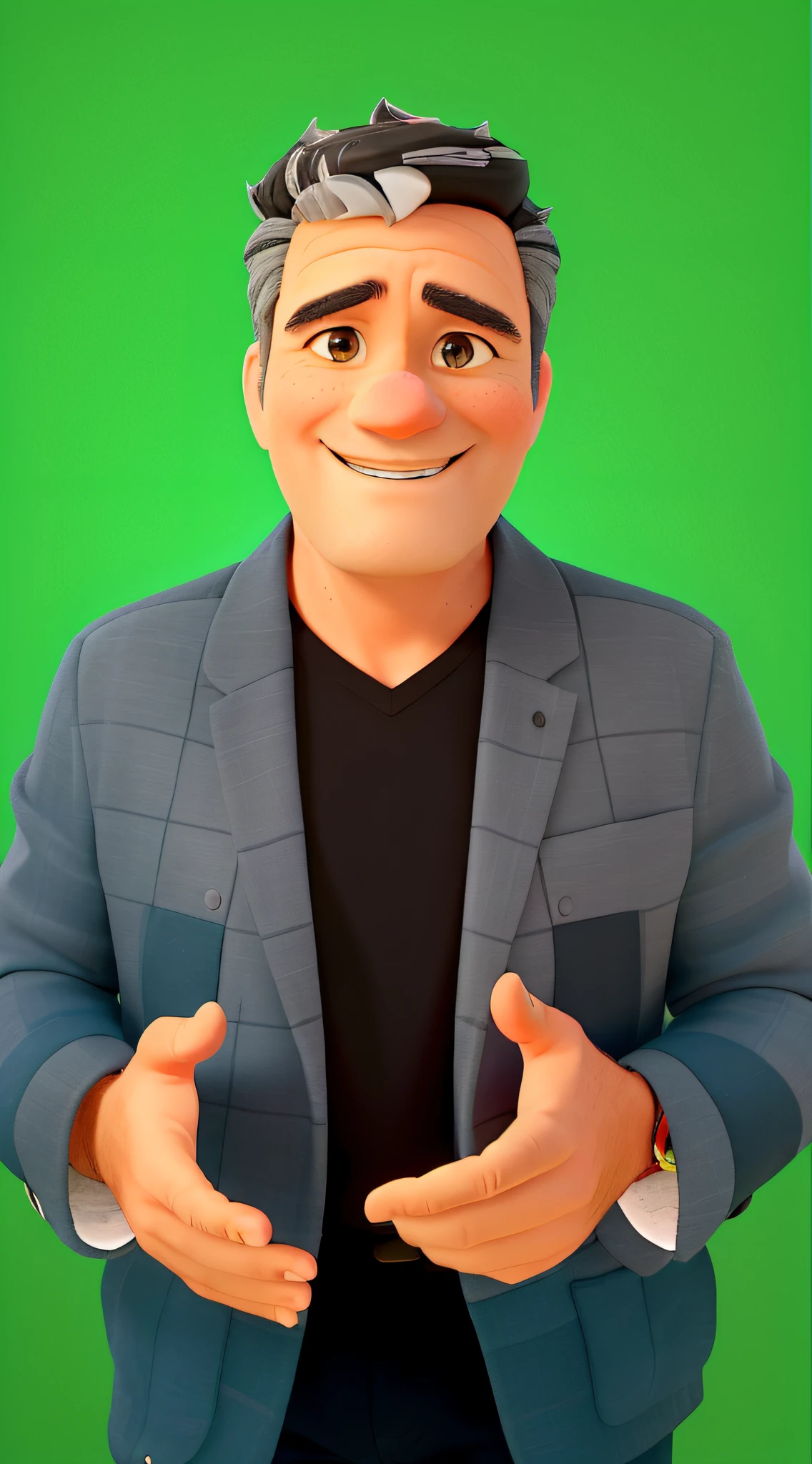 A dynamic 50-year-old man who defies age, embodying youthful energy in the resin construction sector. With black hair accented by subtle gray streaks that add distinction, and a subtle smile. Behind him, his spirited team of workers smiles for the photo, echoing the collective success. All set against the vibrant and illuminated backdrop of an outdoor yard.
