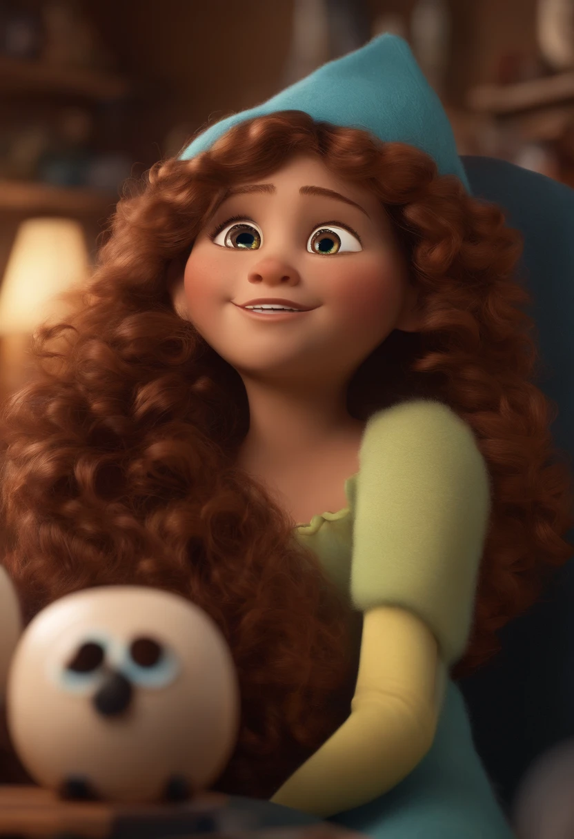 Imagem estilo Pixar com personagem branca olhos castanhos cabelo marrom e longo