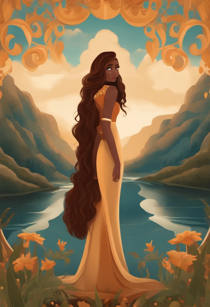 Imagem estilo Pixar com personagem branca olhos castanhos cabelo marrom e longo