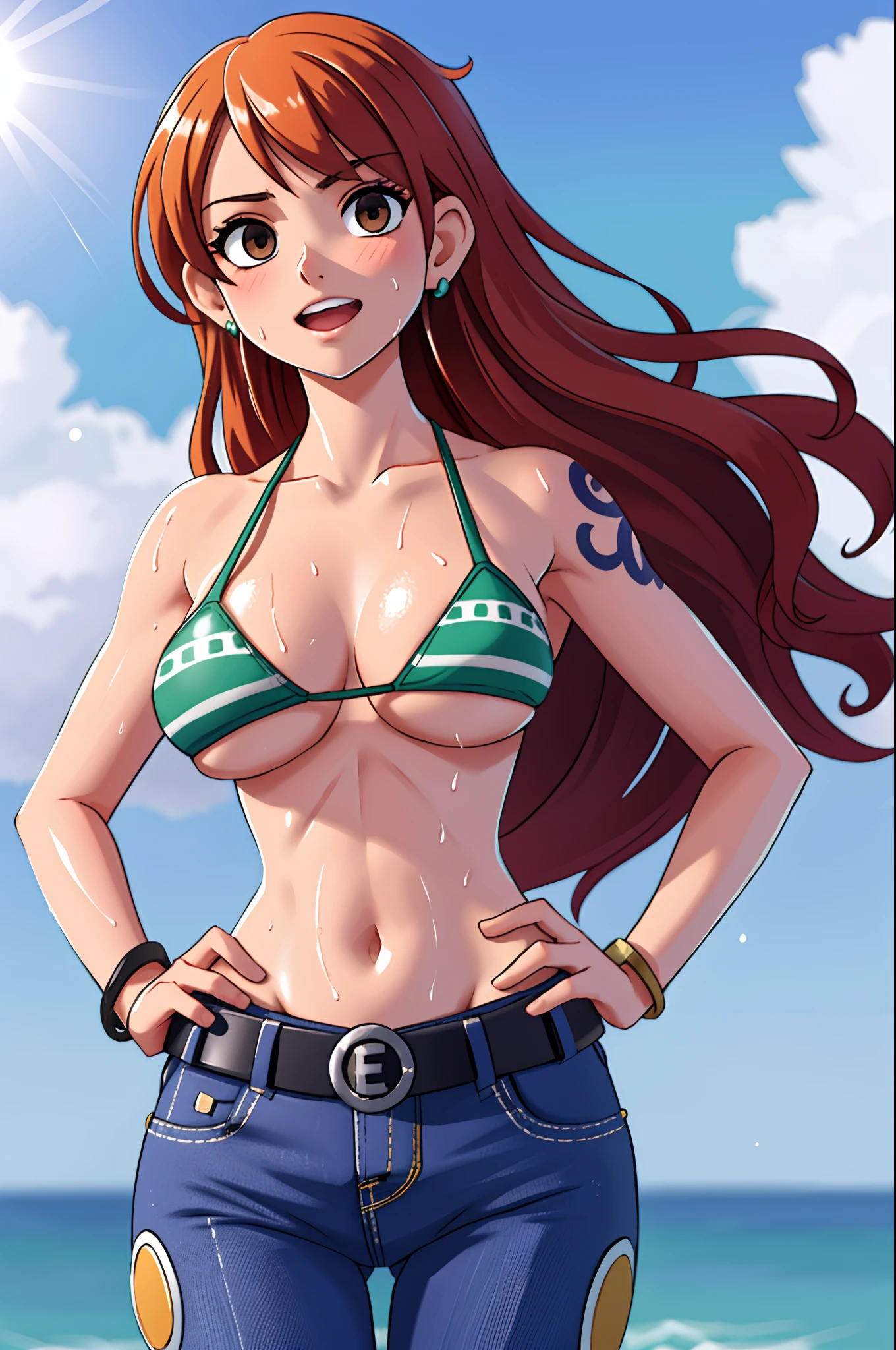 detailed background, masterpiece, 4k, epic, best quality, late youth, adult, wrestler body, strong, 1girl, active, energic, (large mouth) , solo, nami \(one piece\), 1girl, bangle, (very wet, drenched in sweat, sweat all over body, very wet hair, tired, open mouth, exhausted, shouting, sweaty face, sweaty body, sweating too much, shiny sweat, leaning, hands on hips, serious, glaring, open eyes, perfect detailed face, round face, sweat on face) bold drawing lines, muscular arms, detailed bold arm lines, flat jaw, adult woman, wavy wide streaked bangs, floating bang, (big cheeks), bare shoulders, off-shoulders, belt, bikini, bikini top only, blue sky, bracelet, springy breasts, breast lines, big round eyes, very big brown shiny eyes, bubbles, high eye position, cleavage, cloud, day, denim, earrings, floating hair, shiny hair, green belt, green bikini, bold groin lines, jeans, jewelry, medium breasts, log pose, long hair, looking at viewer, big navel, wet hair, orange hair, pants, shoulder tattoo, sidelocks, sky, solo, standing, stomach, swimsuit, tattoo , looking at viewer, open mouth, detailed left arm, big forehead, hourglass figure, small head, toned body, wide hair, wind effect, sun effect, under the sun, narrow small ears angle, older, random poses,
