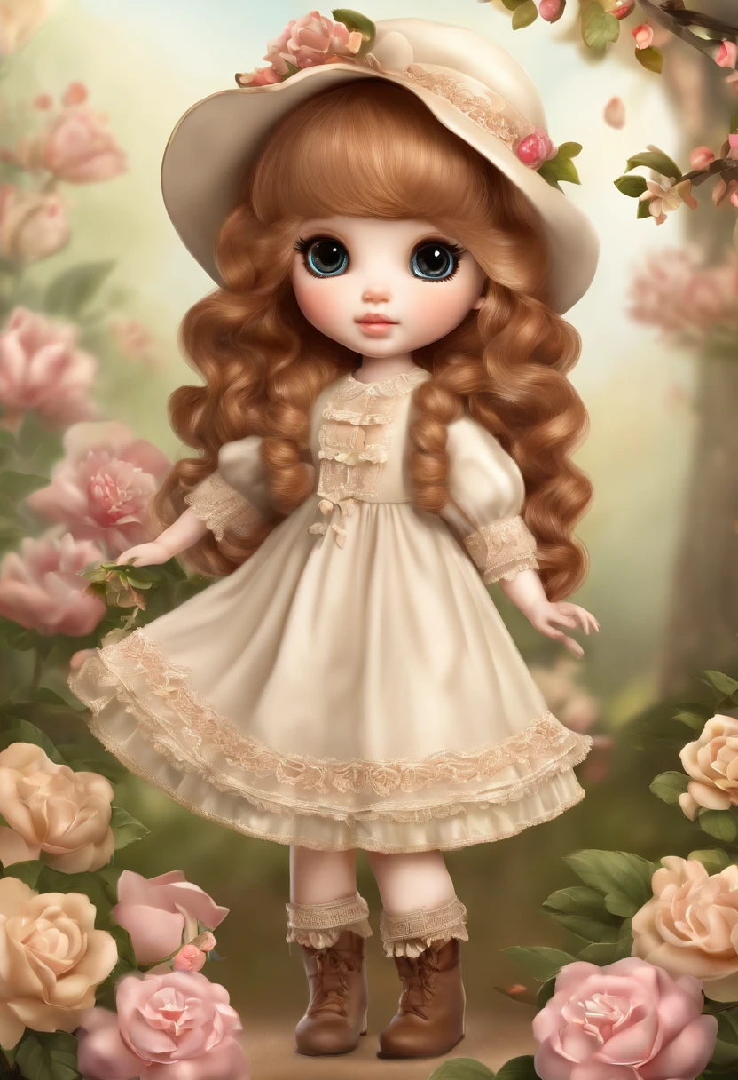 Create a series of cute  chibi style loliolls with a cute forest theme, sorridente e fofa, each with lots of detail and in an 8K resolution. All dolls should follow the same solid background pattern and be complete in the image, mostrando o (corpo inteiro, incluindo as pernas: 1.5)

Boneca fada: Chame-a de Bella. Ela deve ter cabelo longo e cacheado em tons castanho e preto. Seus olhos devem ser grandes e brilhantes, with long eyelashes and rosy cheeks. Bella should be dressed in a country-style jumpsuit, delicado, florido e detalhado. She should wear a hat and no accessories on her hands, deixando elas sem nada. Don't forget the details, com detalhes coloridos e enfeites encantadores, sapato bonito

Certifique-se de adicionar sombras, texturas e detalhes nos cabelos, roupas de cada boneca, to make them even more adorable and charming.