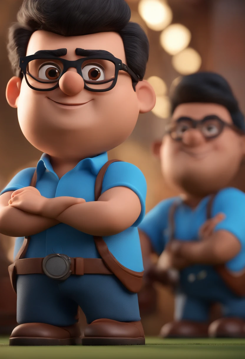 Cartoon character of a man with black glasses and a blue shirt, animation character, Caractere estilizado, animation style rendering, 3D estilizado, Arnold Maya render, 3 d render stylized, toon render keyshot, Personagem 3D, Personagem 3D, 3d rendering stylized, 3 d character render, personagem de desenho animado, Personagem de close up, Pose de personagem,  (Estilo Pixar) (master part:1.2) (Bokeh) (best quality) (pele detalhada) (textura detalhada) (8k) (argila) (Cinematic lighting) (foco nítido