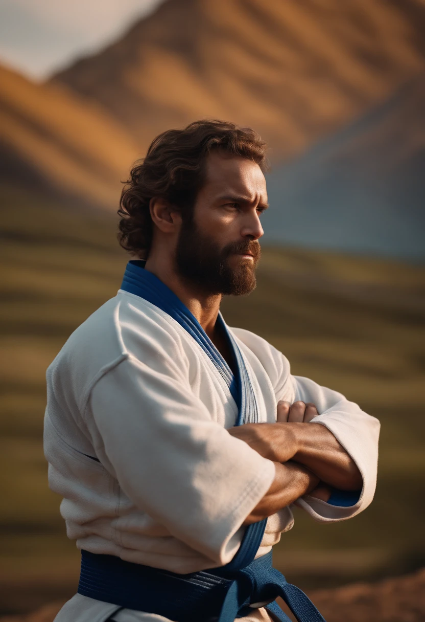 homem em frente a uma gigantesca montanha ao fundo, with arms crossed, Man in combat position, Quimono de jiu-jitsu, 8k, hyper realista, detalhado.