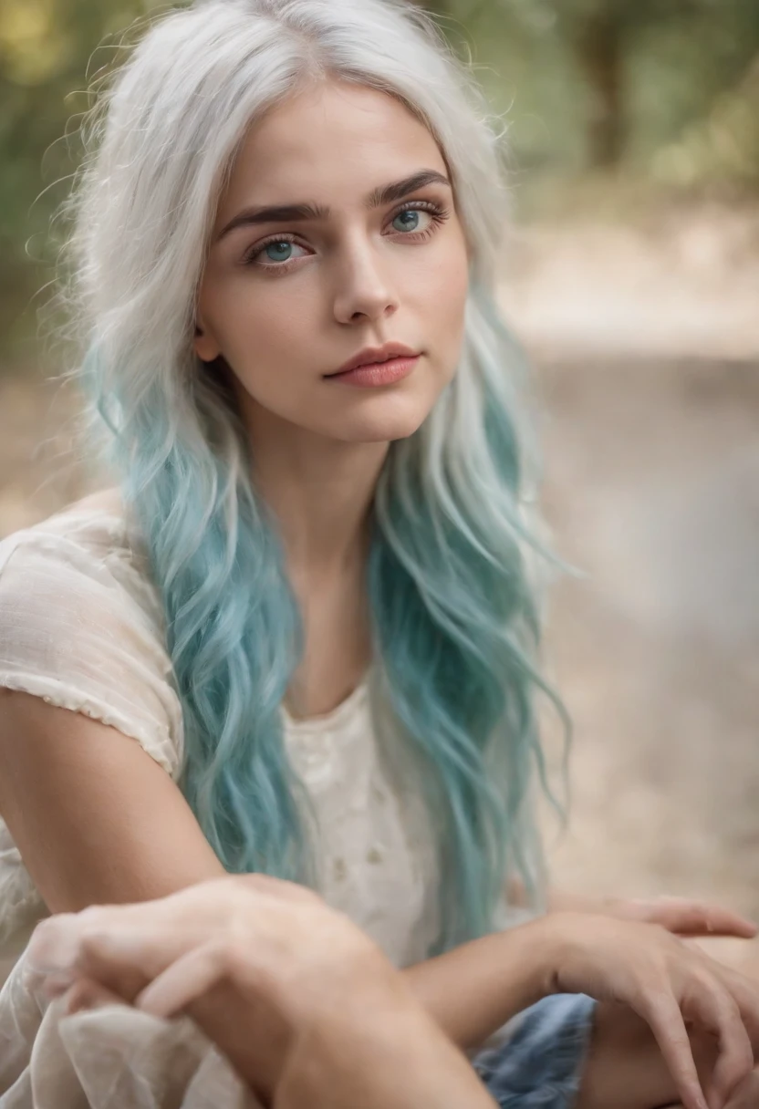 mulher em torno de 19 anos, blue and messy white hair, olhos azul e verde distintos, Wearing comfortable clothes and slender, estilo hippie e colorido com oculos de garrafas