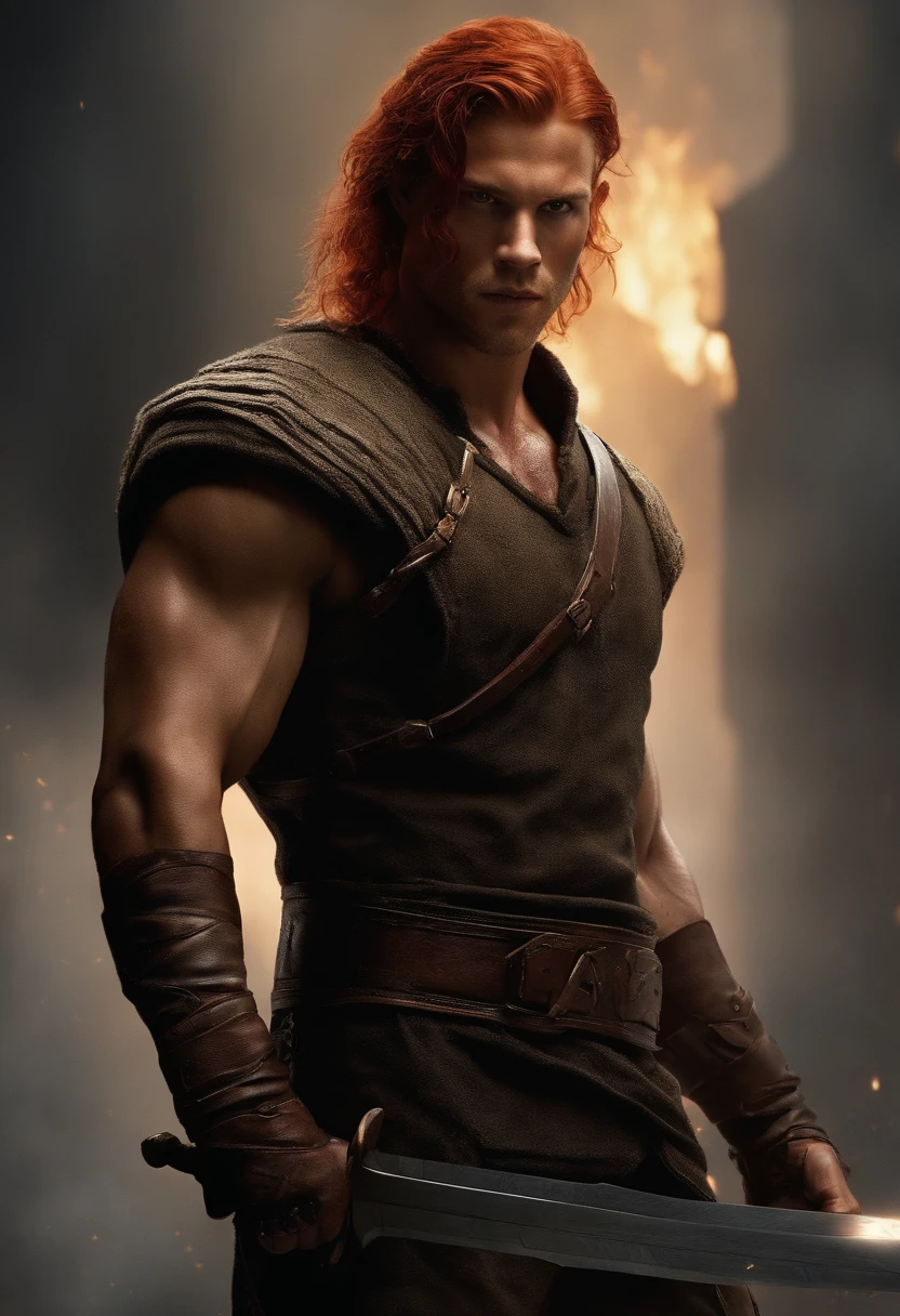 detailed description of the main character Darrow from the book 'Red Rising',red-haired,strong and muscular build,piercing eyes,intense gaze,confident posture,burn scars on his face,grim expression,bronze skin,scarred knuckles,iron determination,holding a sword,standing against a dystopian background,moody lighting,gritty atmosphere,gritty armor,menacing presence,embers in the background,(high-res,ultra-detailed,masterpiece:1.2),physically-based rendering,vivid colors,dark and gritty style,dramatic shadows,dystopian vibes,action-packed scene,expressive facial features.