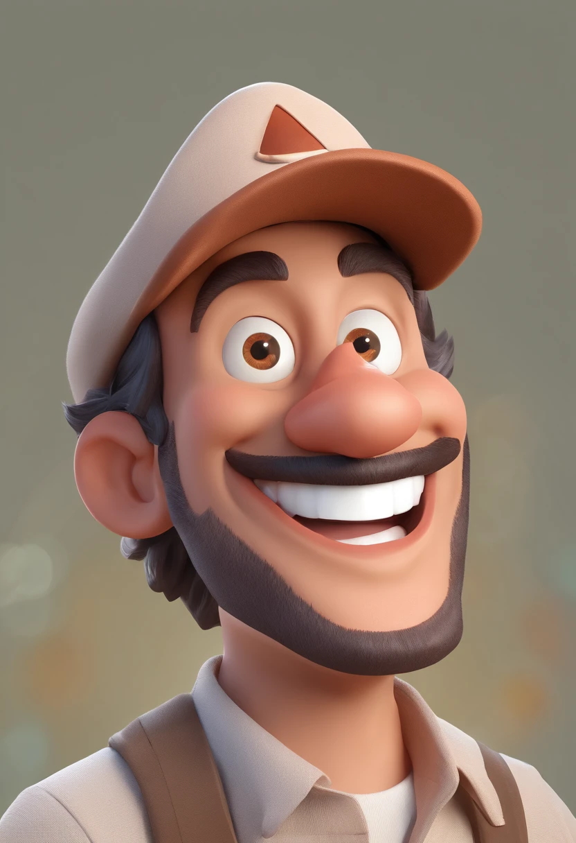 Smiling Man Illustration, sorriso insano, Homem de pele marrom com um sorriso gigante, happily smiling at the camera, sorriso atrevido, he's smiling, sorriso muito grande, Macho sorridente, foto de perfil headshot, rindo sorriso enorme, desenhando no estilo de Arte 3D, c4d, fundo de cor branco puro, estilo disney, estilo pixar render ilustracao Super Detalhe, 8k