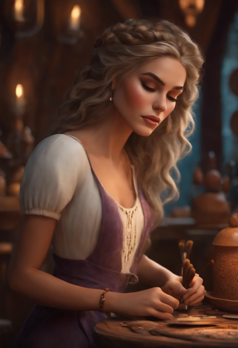 Disney Pixar Style White Woman Artist with Brushes, cabelos escuros e longo, olhos castanhos escuro com maquiagem