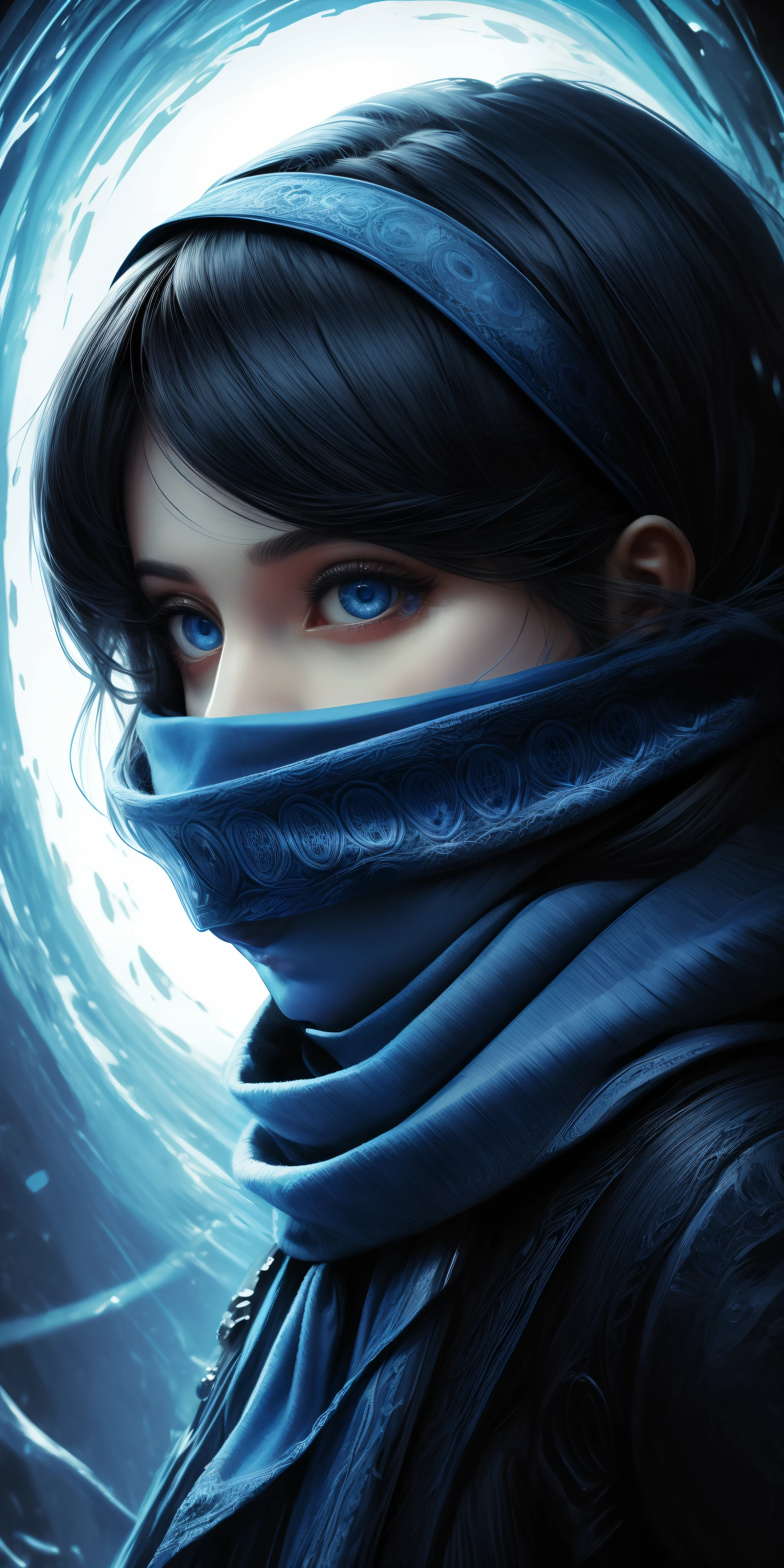 There's a blue-eyed woman with a scarf covering her face, Arte digital realista 4K, arte de fantasia hiperrealista, Arte digital realista 4K, arte digital altamente realista, Olhos do Azure, belos olhos detalhados, Olhos detalhados, Arte digital altamente detalhada em 4k, fantastic detailed eyes, arte digital ultrarrealista, arte digital ultra realista, arte digital ultrarrealista