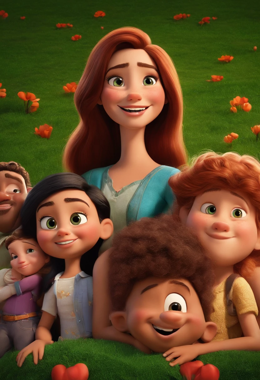 Create a Disney PIXAR-style 3D poster. ((centro da imagem, 1 homem alto de bigode e uma mulher baixa com cabelos vermelhos, 2 s e 2 meninam campo verde.