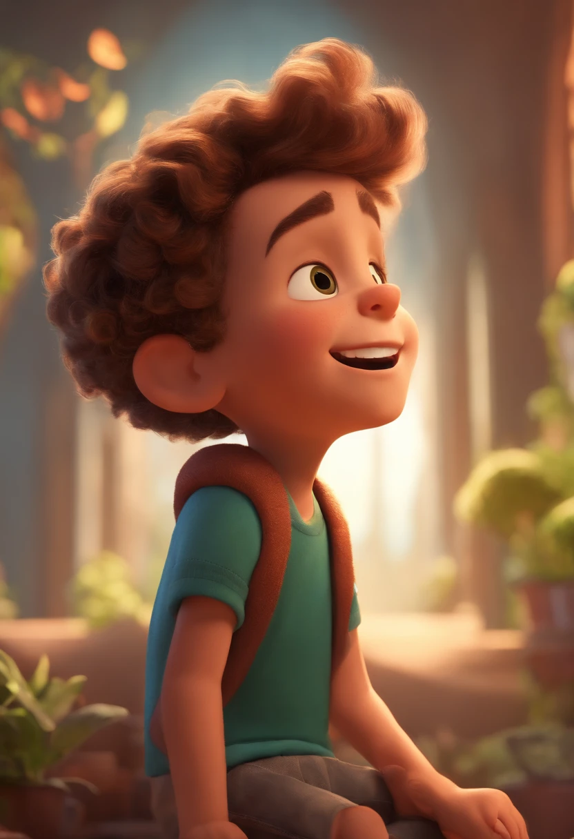 Image of a boy for a story in a YouTube video in Pixar format, He's the allabester, He's the class leader, He's outgoing, Playful and gets up for a lot of things, cabelo curto