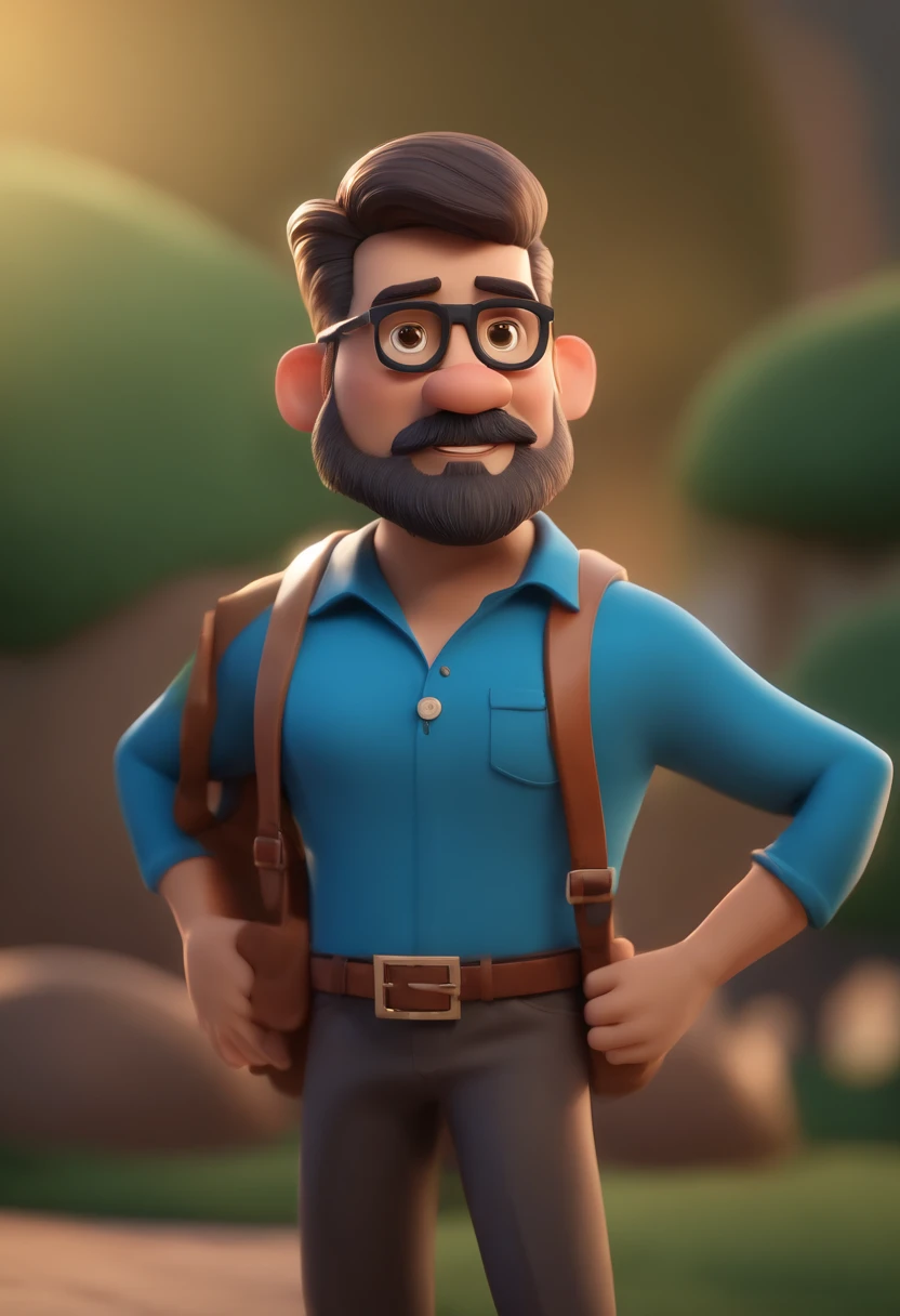 Cartoon character of a bearded man wearing black glasses and a blue shirt, um personagem animado, Caractere estilizado, animation style rendering, 3D estilizado, Arnold Maya render, 3 d render stylized, toon render keyshot, Personagem 3D, Personagem 3D, 3d rendering stylized, 3 d character render, personagem de desenho animado, Personagem de close up, Pose de personagem, (Estilo Pixar) (master part:1.2) (Bokeh) (best quality) (pele detalhada) (textura detalhada) (8k) (argila) (Cinematic lighting) (foco nítido,Senta e vaza a parte superior do corpo