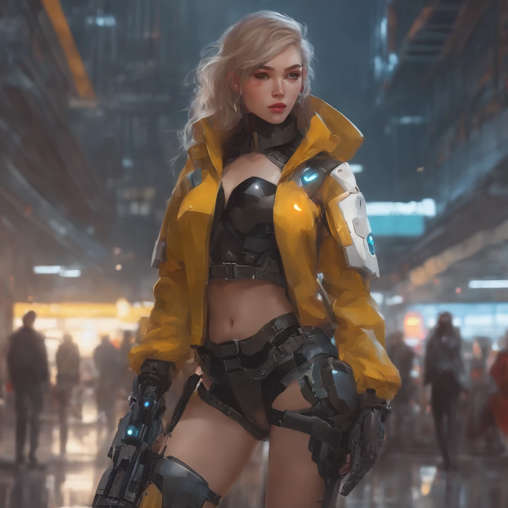 Chica de anime en pantalones cortos y chaqueta de pie junto a un robot gigante, Obras de arte al estilo de Guweiz, Cyberpunk anime chica mech, Tendencias en CGVatstation, Guweiz, por Russell Dongjun Lu, Arte digital cyberpunk anime, Ross Tran 8 K, Guweiz en Artstation Pixiv, girl in mecha cyber armor