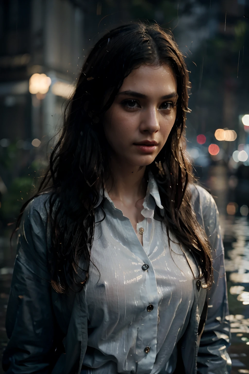 beautiful girl wearing a suit button shirt caught in the rain wet hair, (masterpiece:1.2) (illustration:1.1) (best quality:1.2) (detailed) (intricate) (8k) (HDR) (wallpaper) (cinematic lighting) (sharp focus)