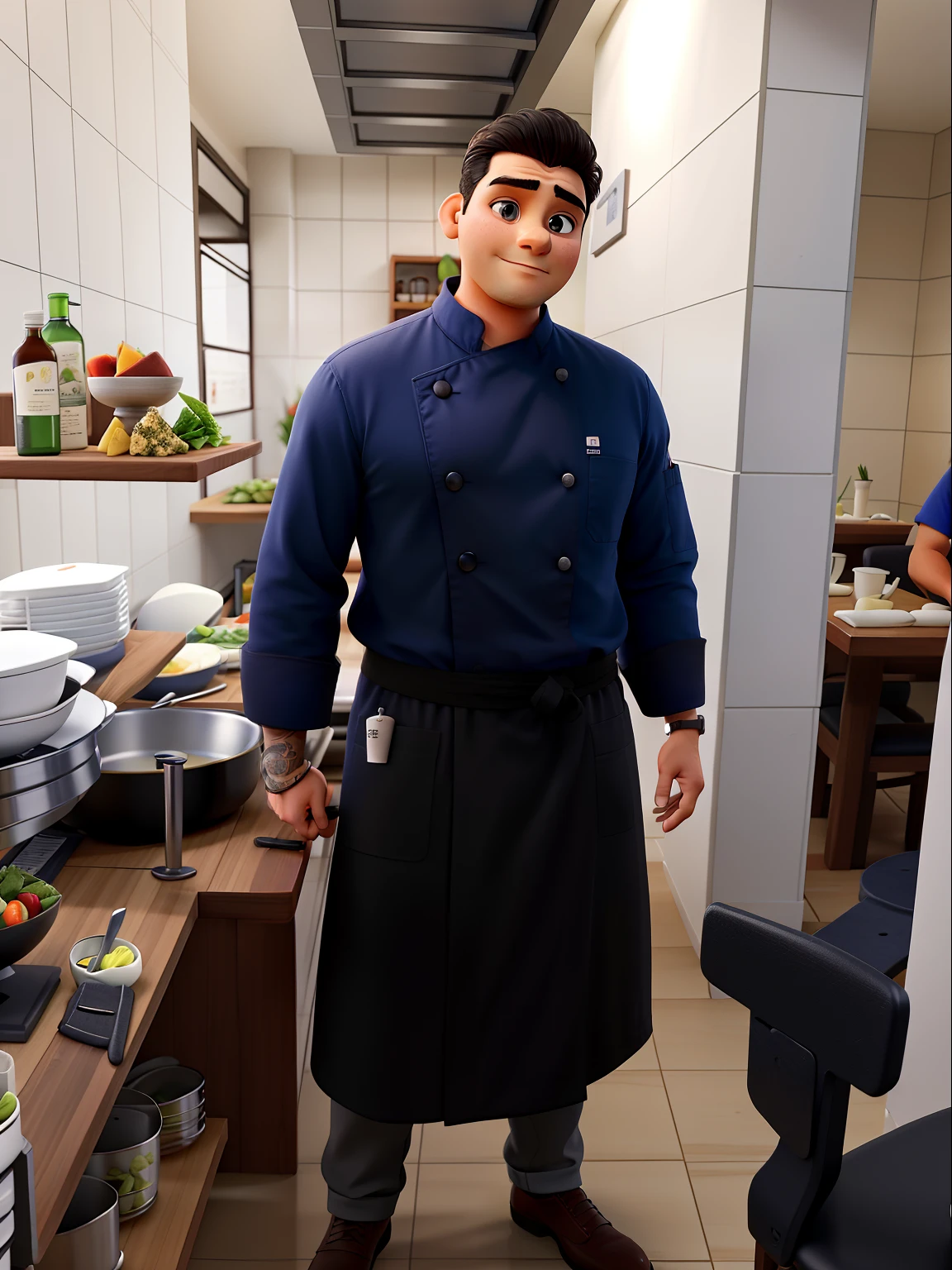 Um chef de cozinha concentrado segurando uma faca, no restaurante orientando sua brigada