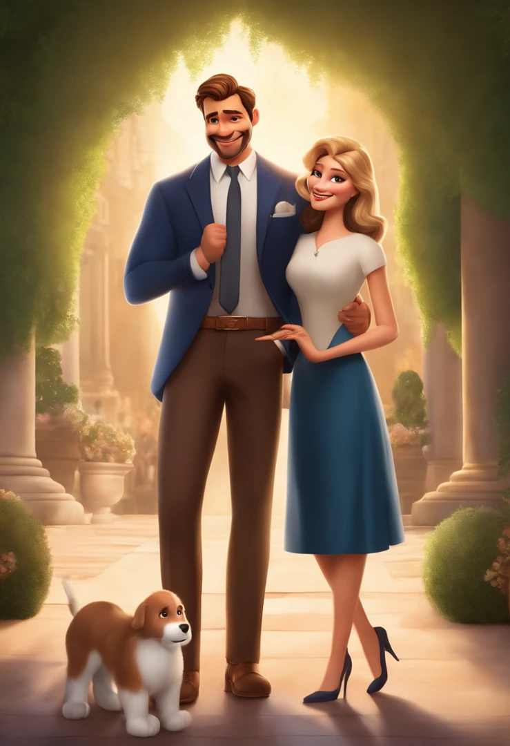 Image of a couple together next to each other in Pixar format, they are married and happy. the man is wearing a blue suit and white t-shirt, he is a modern and handsome man, his hair is straight and cut very low, his face is oval in shape and he has a clean beard, his eyes are dark and his nose is medium, the man has a nice smile and his body is thin and a little strong. The woman is wearing an elegant black dress, her hair is long dark and she has some blonde highlights in her hair, her nose is perfect like a princess, her face is oval and her lips are full and well defined, her eyes They are a little drawn out and dark brown in color, she has well-shaped eyelashes, and she is an intelligent, well-positioned and elegant woman. he and she are the same height. I want a Disney movie cover poster