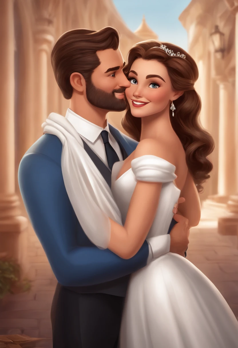 Image of a couple together next to each other in Pixar format, they are married and happy. the man is wearing a blue suit and white t-shirt, he is a modern and handsome man, his hair is straight and cut very low, his face is oval in shape and he has a clean beard, his eyes are dark and his nose is medium, the man has a nice smile and his body is thin and a little strong. The woman is wearing an elegant black dress, her hair is long dark and she has some blonde highlights in her hair, her nose is perfect like a princess, her face is oval and her lips are full and well defined, her eyes They are a little drawn out and dark brown in color, she has well-shaped eyelashes, and she is an intelligent, well-positioned and elegant woman. he and she are the same height. I want a Disney movie cover poster