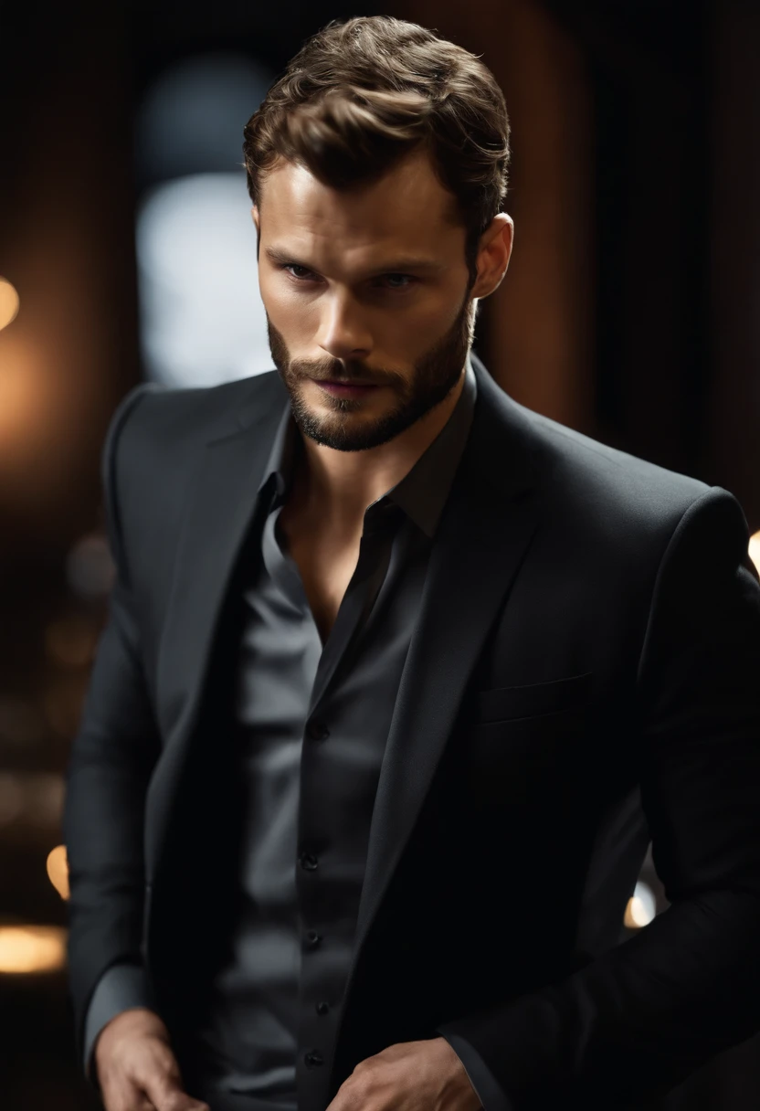 (Man wearing black suit without tie), ), (wearing beard,) attractive and serious look, short dark hair, stylish and elegant, shaved and strong body fitted in the suit, show body, man similar to actor jamie dornan, (high quality and realistic image), in the background of the dark black image and lights, cinematic style, ((Best quality, 8k, Masterpiece).