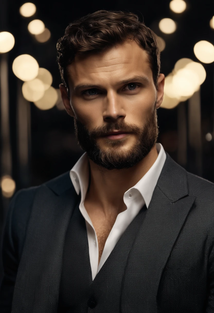 (Man wearing black suit without tie), ), (wearing beard,) attractive and serious look, short dark hair, stylish and elegant, shaved and strong body fitted in the suit, show body, man similar to actor jamie dornan, (high quality and realistic image), in the background of the dark black image and lights, cinematic style, ((Best quality, 8k, Masterpiece).