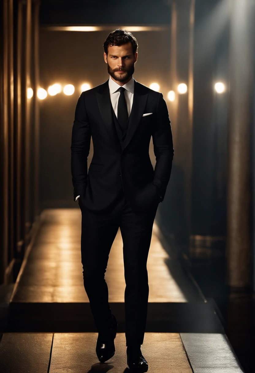 (Man wearing black suit without tie), ), (wearing beard,) attractive and serious look, short dark hair, stylish and elegant, shaved and strong body fitted in the suit, show body, man similar to actor jamie dornan, (high quality and realistic image), in the background of the dark black image and lights, cinematic style, ((Best quality, 8k, Masterpiece).