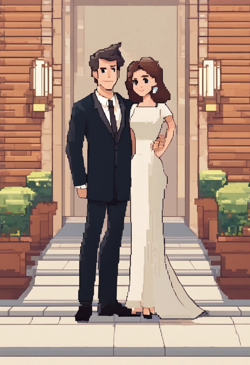 Image of a couple together next to each other in Pixar format, they are married and happy. the man is wearing a blue suit and white t-shirt, he is a modern and handsome man, his hair is straight and cut very low, his face is oval in shape and he has a clean beard, his eyes are dark and his nose is medium, the man has a nice smile and his body is thin and a little strong. The woman is wearing an elegant black dress, her hair is long dark and she has some blonde highlights in her hair, her nose is perfect like a princess, her face is oval and her lips are full and well defined, her eyes They are a little drawn out and dark brown in color, she has well-shaped eyelashes, and she is an intelligent, well-positioned and elegant woman. he and she are the same height. I want a Disney movie cover poster