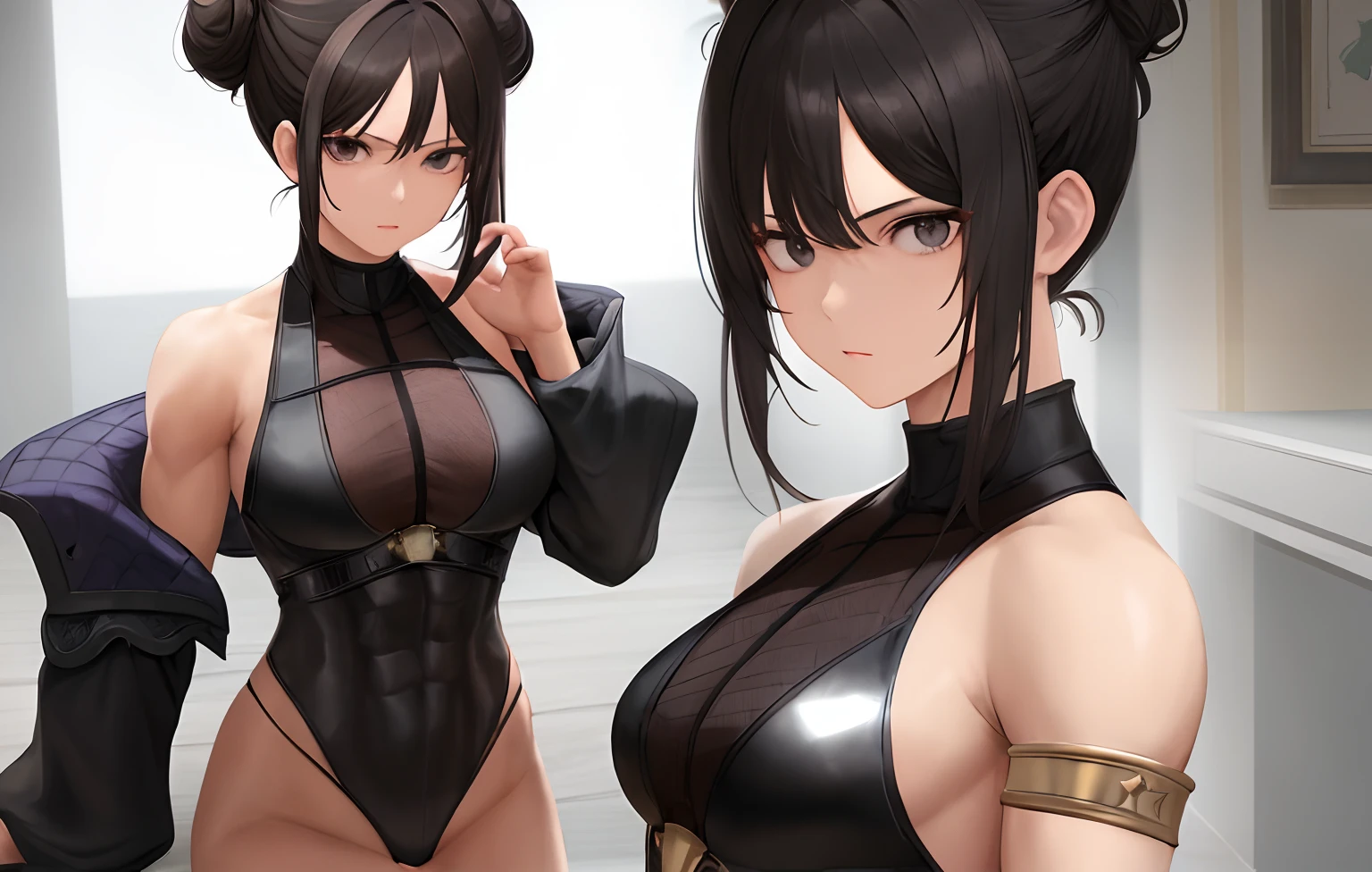 ((masterpiece)), highres, Muscular woman, Black hair, Black eyes, tall body, Small face, Short hair, Side buns, Fantasy outfit, Neutral Expression, Solo, Sitting, Throne