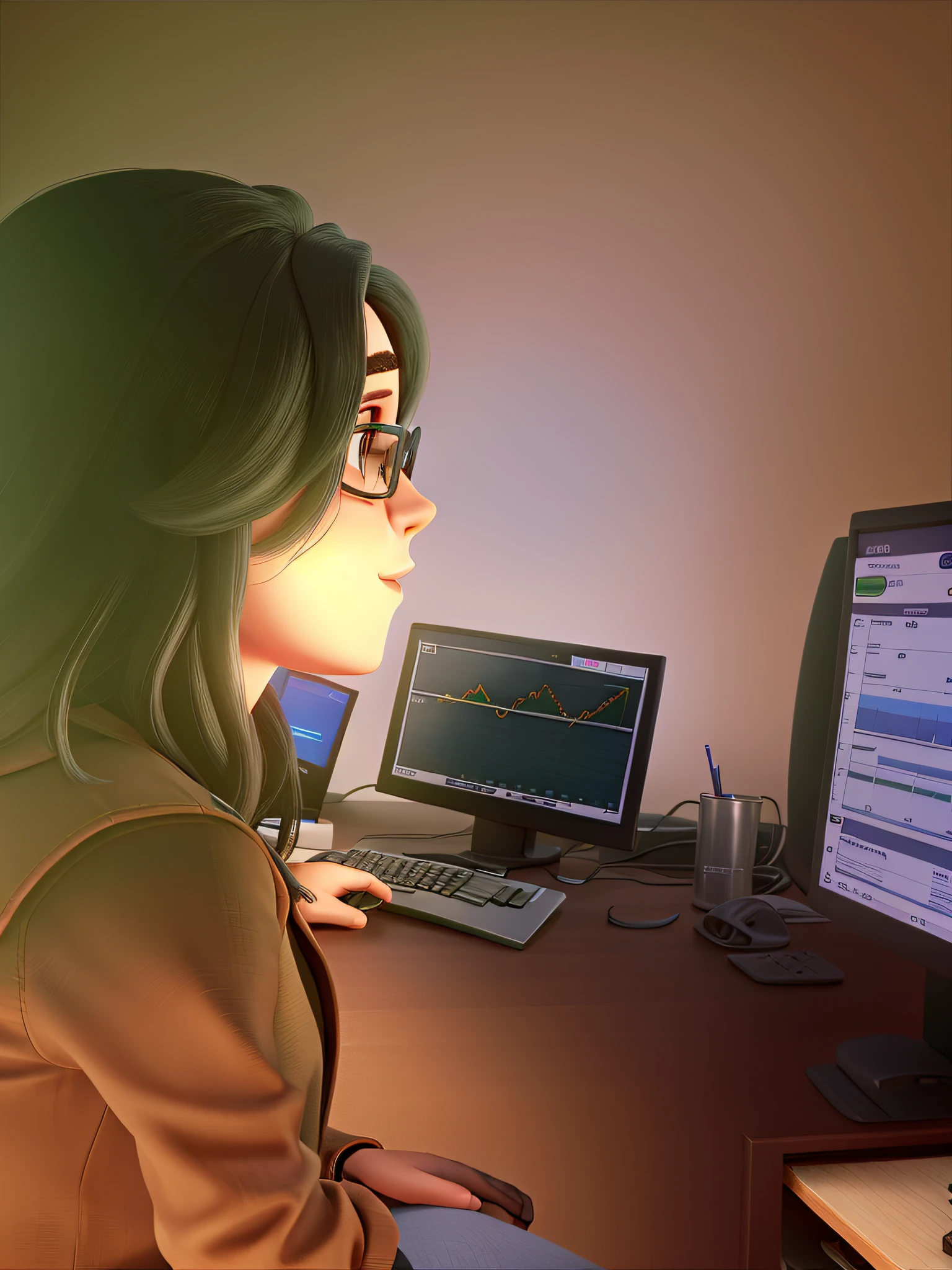 A woman gamer in glasses, Sitting in front of a computer screen with stock market charts